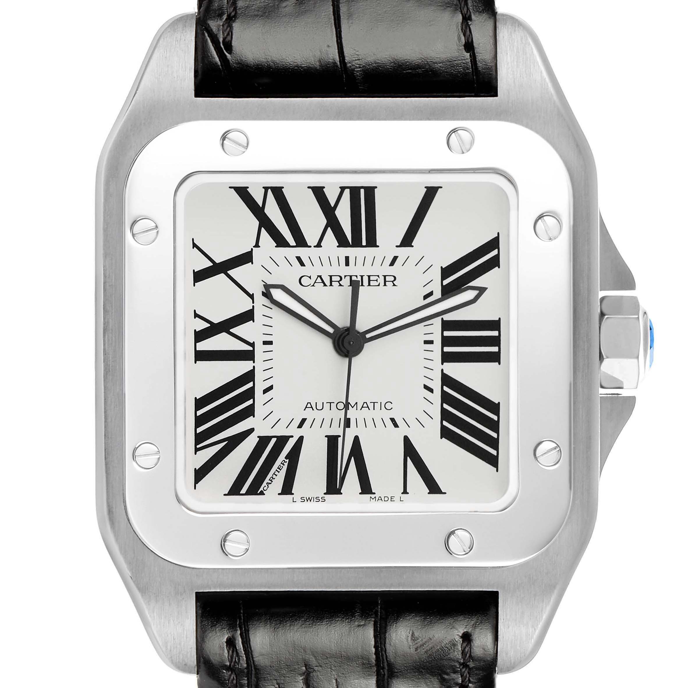 The Cartier Santos W20073X8 Men's Stainless Steel Silver Dial watch is shown from the front, highlighting its square face, Roman numerals, and leather strap.