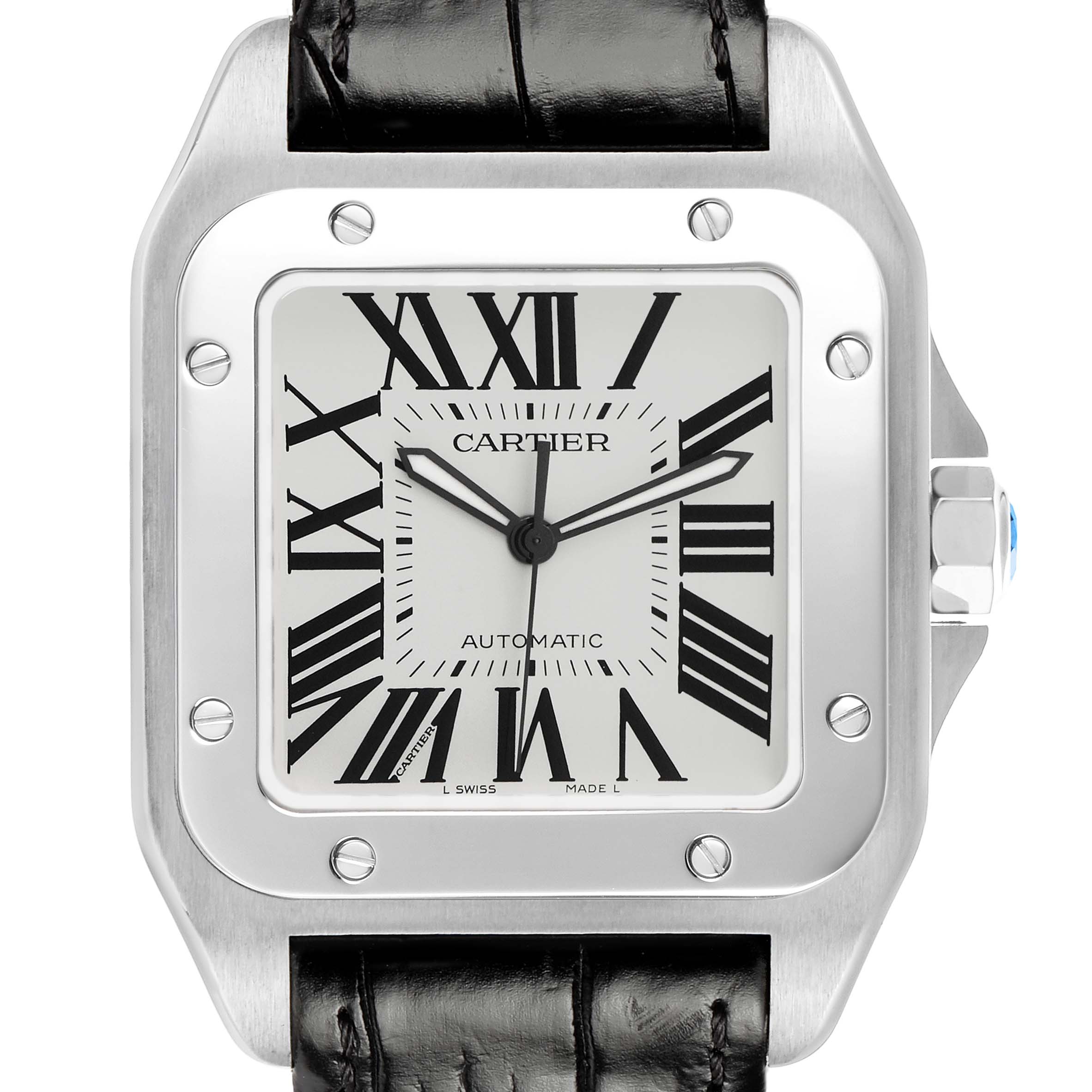 The image shows a front view of a Cartier Santos W20073X8 Men's Stainless Steel Silver Dial watch, highlighting its square face, Roman numerals, and metal case.