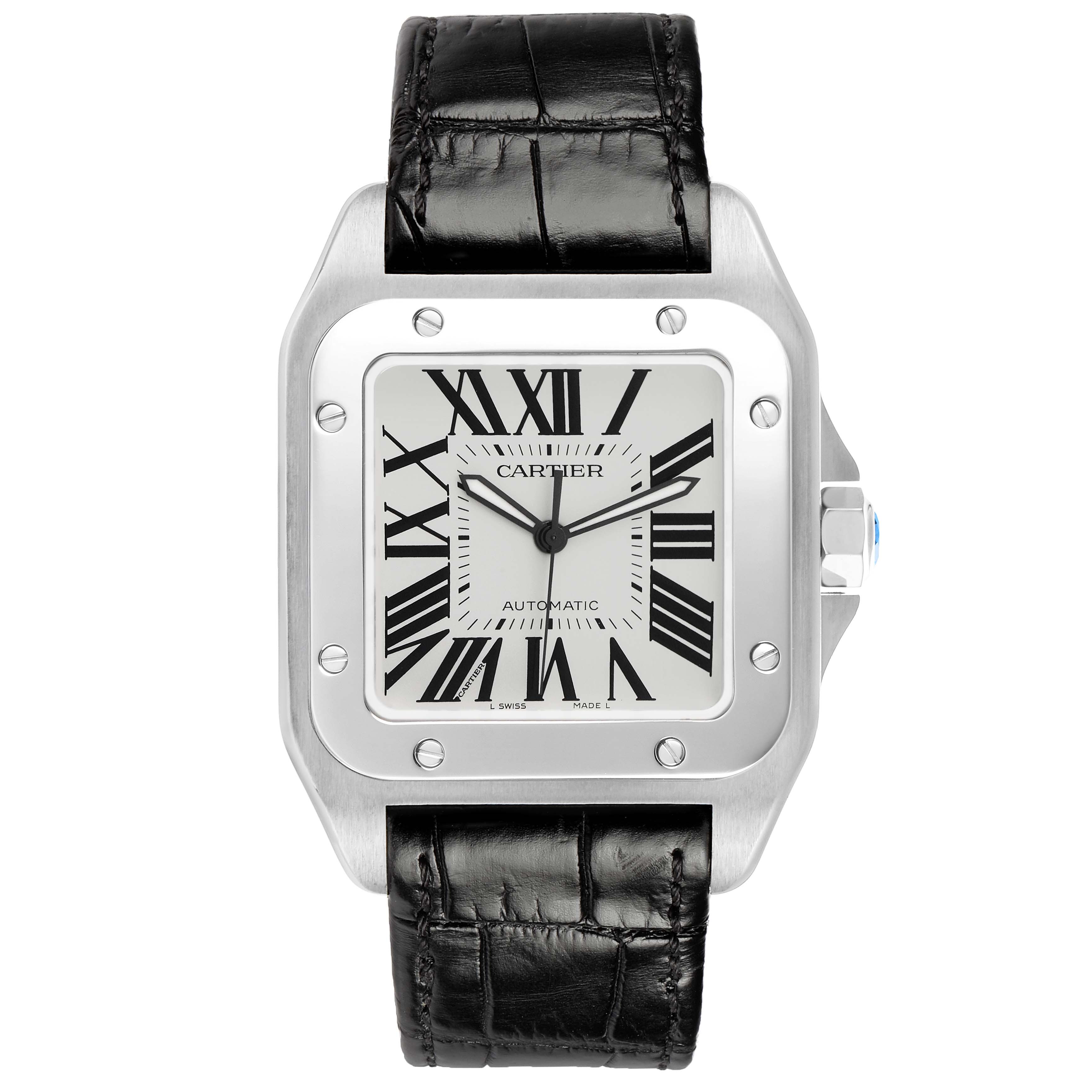 The Cartier Santos W20073X8 Men's Stainless Steel Silver Dial watch is shown from the front, highlighting its square face, Roman numerals, and black leather strap.