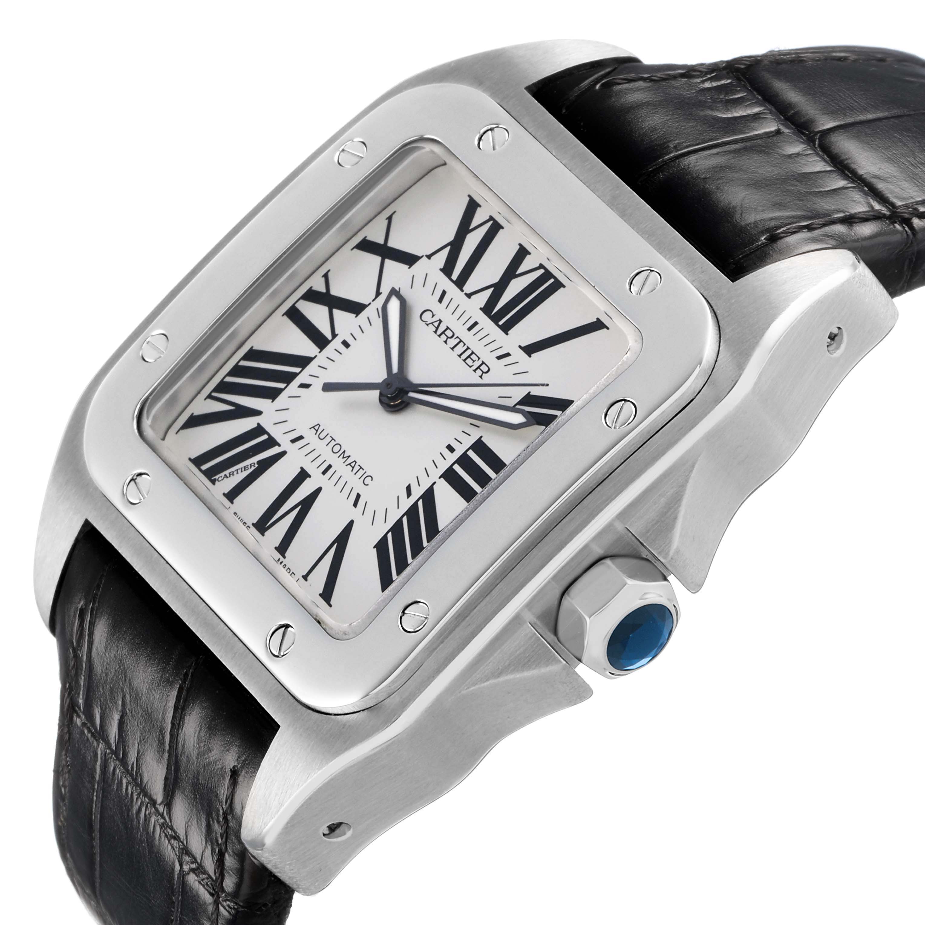 The Cartier Santos W20073X8 Men's Stainless Steel Silver Dial watch is shown at an angled side view, highlighting the case, bezel, crown, and leather strap.
