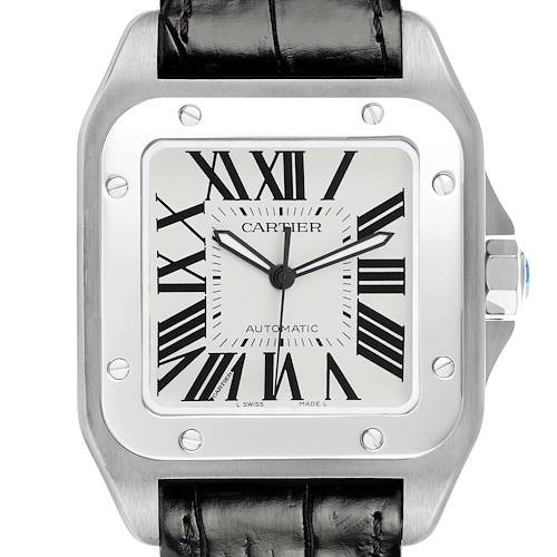 The image shows a front view of the Cartier Santos W20073X8 Men's Stainless Steel Silver Dial watch, highlighting its face, bezel, and strap.