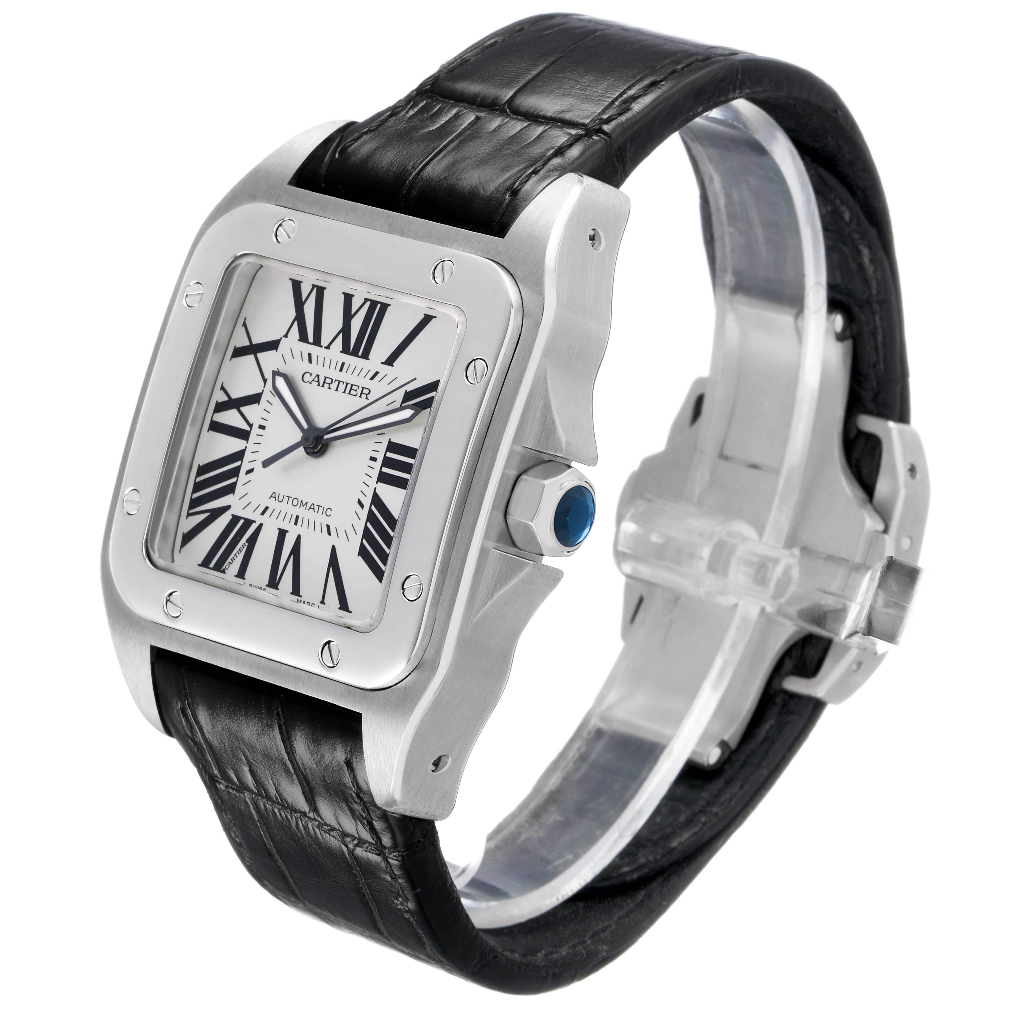 The Cartier Santos W20073X8 Men's Stainless Steel Silver Dial watch is shown at an angle displaying the face, crown, case, and black leather strap.