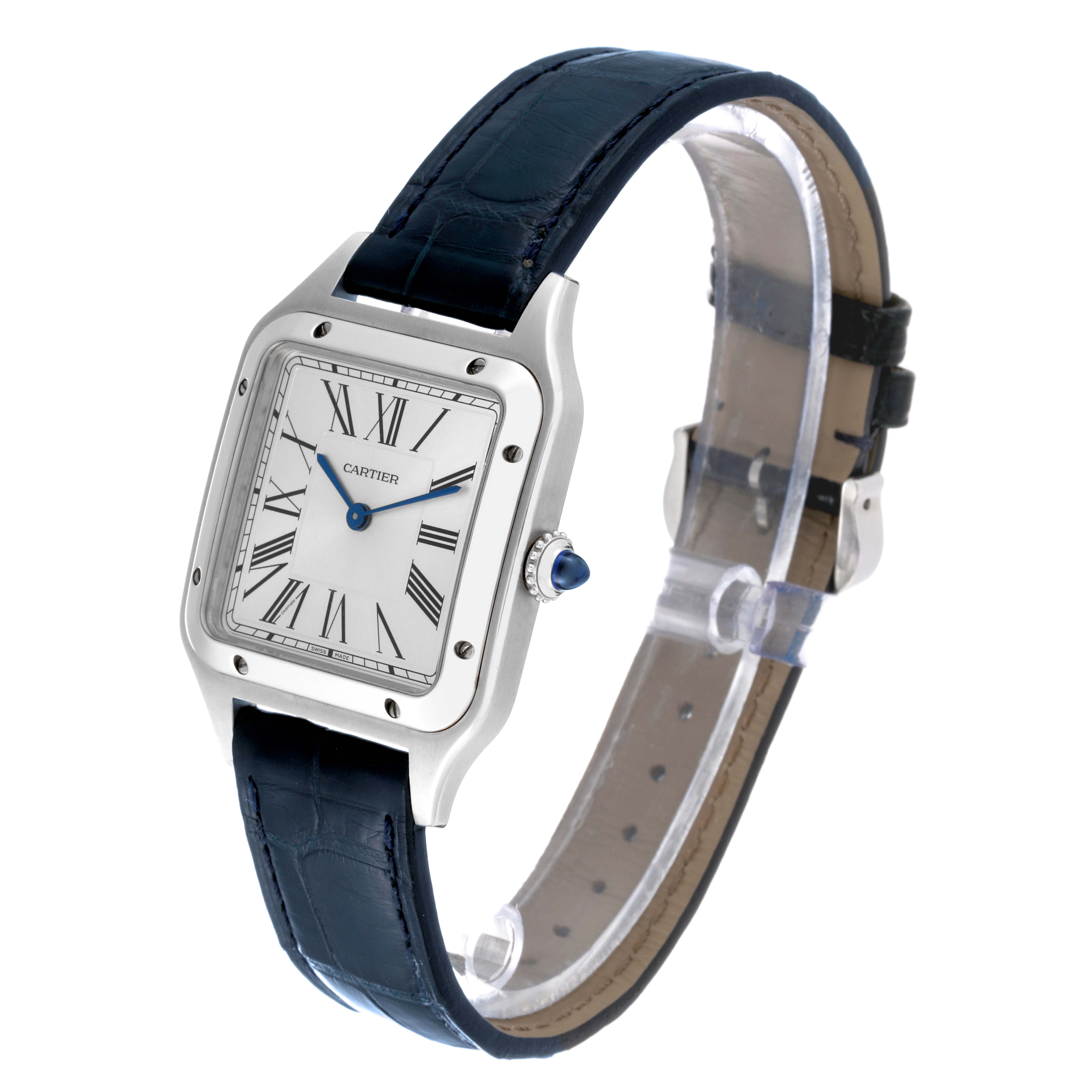 The image shows a Cartier Santos Dumont WSSA0022 Men's Stainless Steel Silver Dial WSSA0022 Men's Stainless Steel Silver Dial watch at a three-quarter angle, revealing the face, strap, and crown.