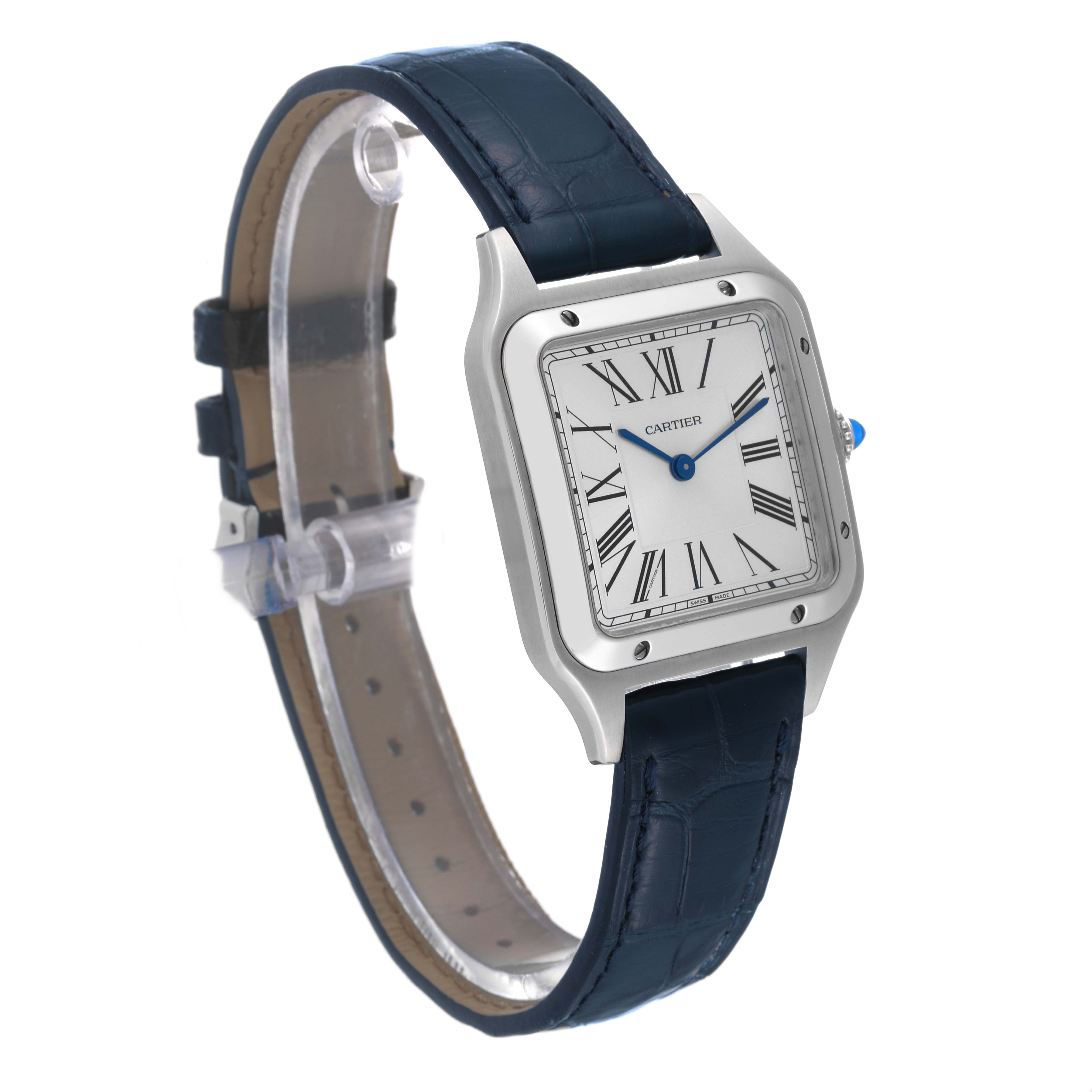 The Cartier Santos Dumont WSSA0022 Men's Stainless Steel Silver Dial WSSA0022 Men's Stainless Steel Silver Dial watch is shown at an angled view, displaying the face, case, and leather strap.