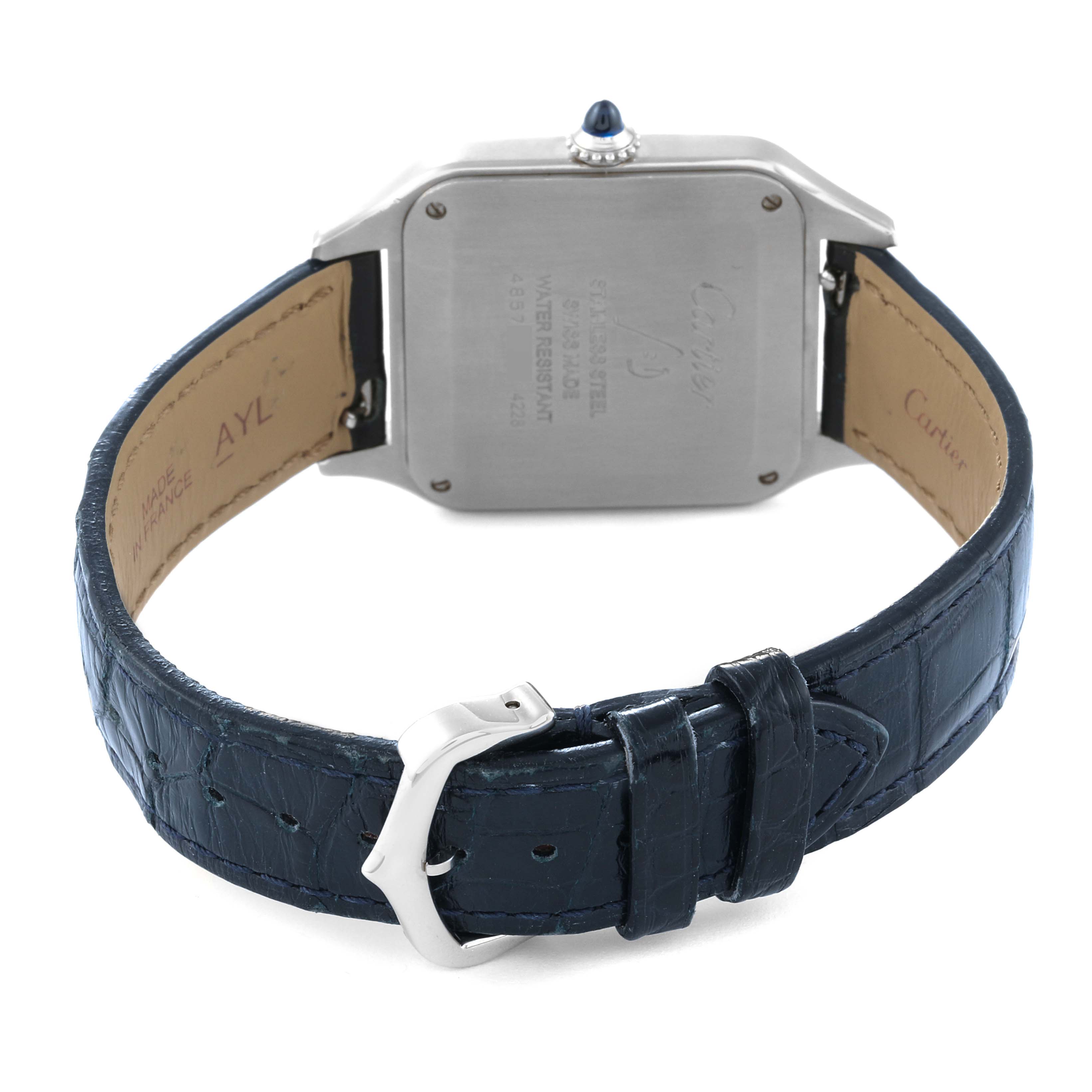 The image shows the back of a Cartier Santos Dumont WSSA0022 Men's Stainless Steel Silver Dial WSSA0022 Men's Stainless Steel Silver Dial watch, displaying its case back, leather strap, and buckle.