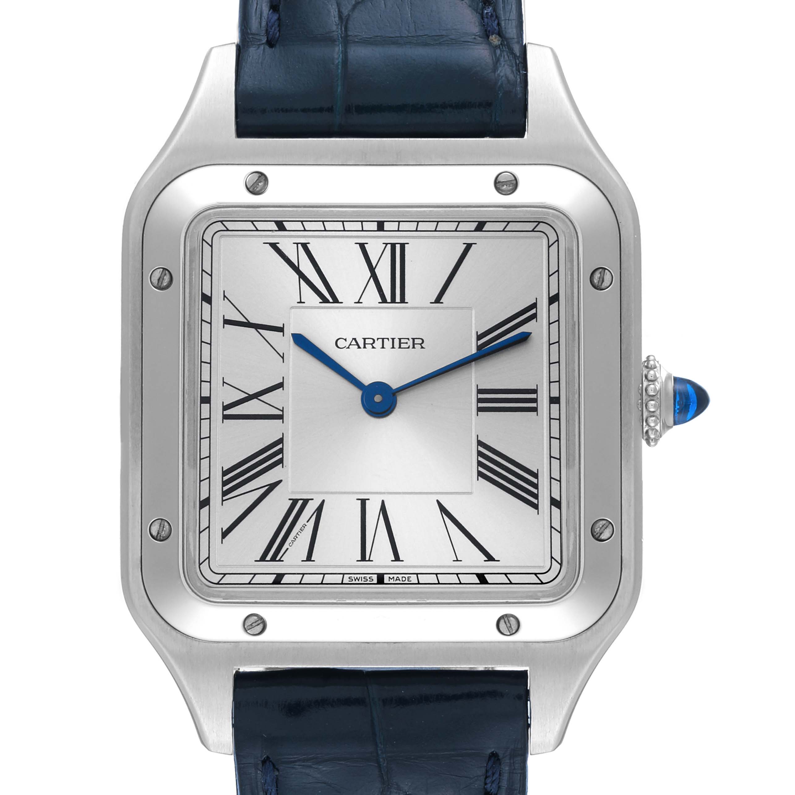 This image shows the Cartier Santos Dumont WSSA0022 Men's Stainless Steel Silver Dial WSSA0022 Men's Stainless Steel Silver Dial model watch, highlighting the dial, bezel, crown, and strap at a front view angle.