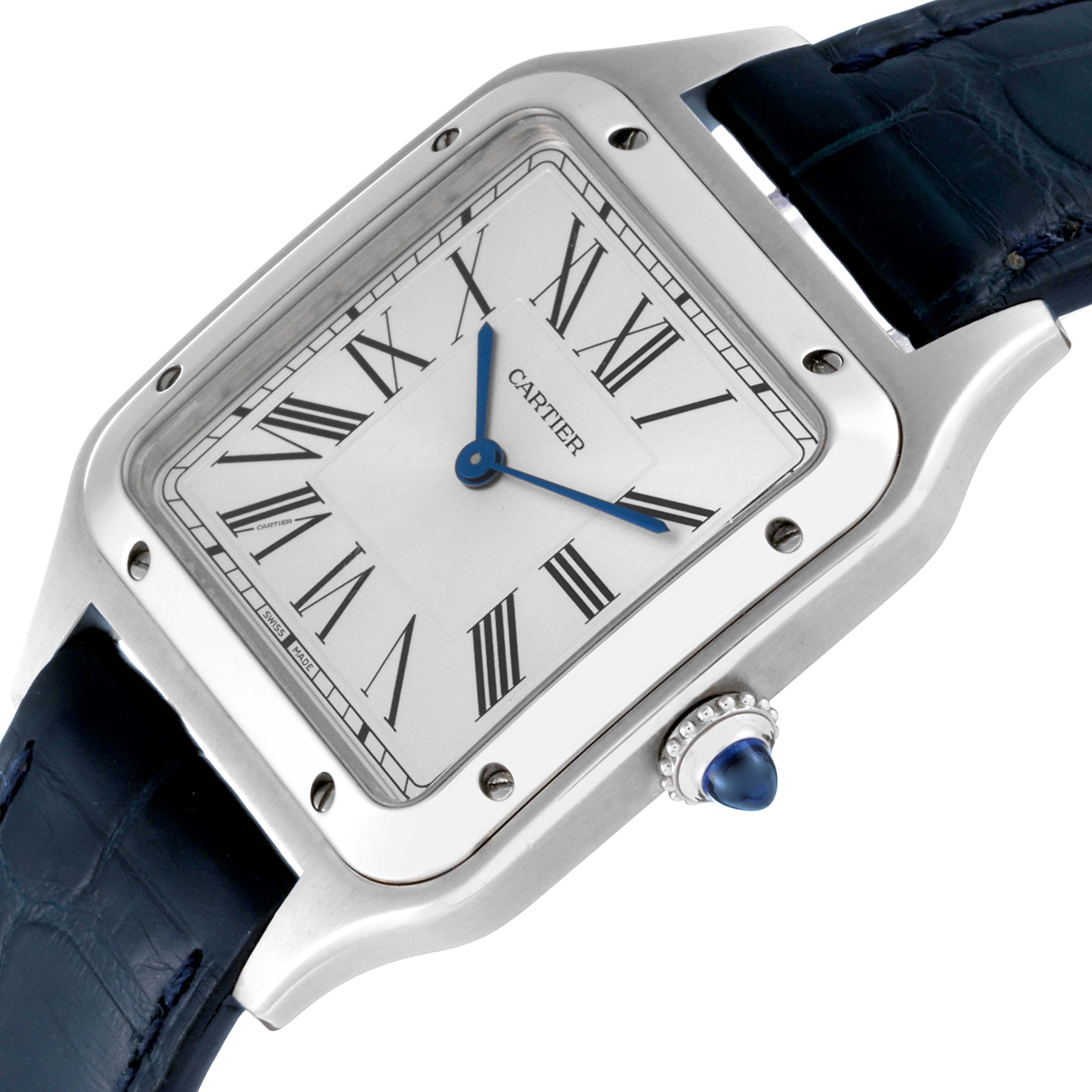 This image shows a close-up angle of the Cartier Santos Dumont WSSA0022 Men's Stainless Steel Silver Dial WSSA0022 Men's Stainless Steel Silver Dial watch, highlighting the face, blue hands, and part of the strap.