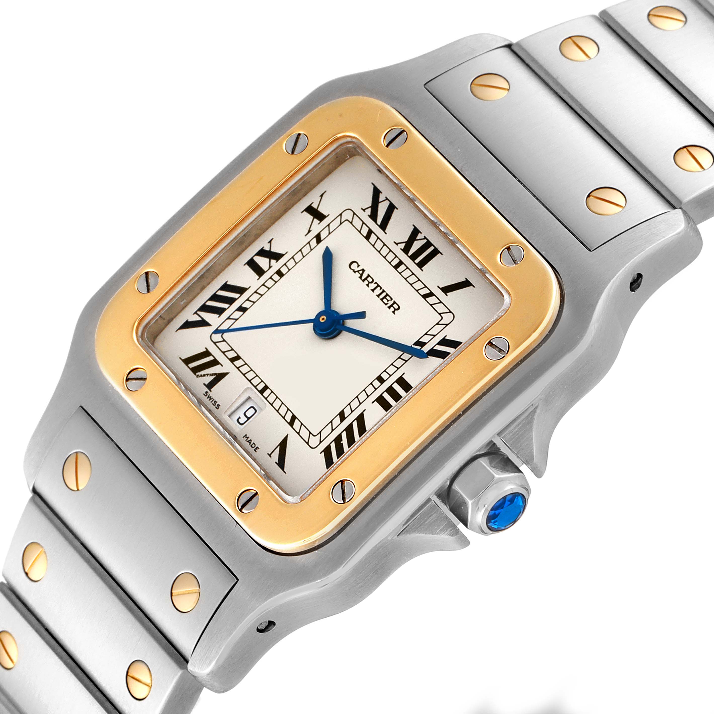 The image shows a close-up angle of the Cartier Santos W20011C4 Men
s Steel and Gold (two tone) Silver Dial W20011C4 Men
s Steel and Gold (two tone) Silver Dial watch, highlighting the face, bezel, and part of the strap.