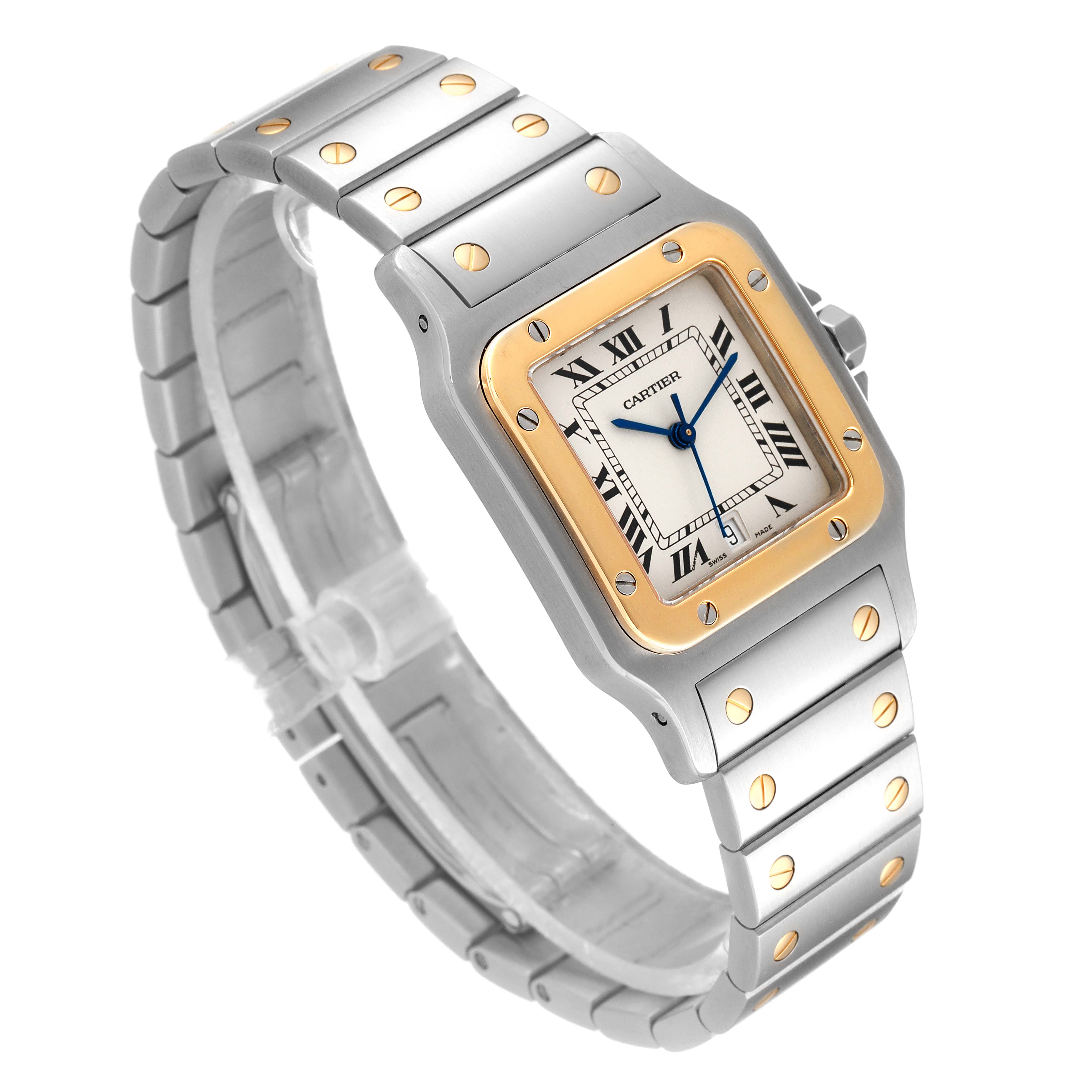 The image shows a Santos de Cartier watch from an upper-left angle, highlighting its two-tone case and bracelet with visible screws.