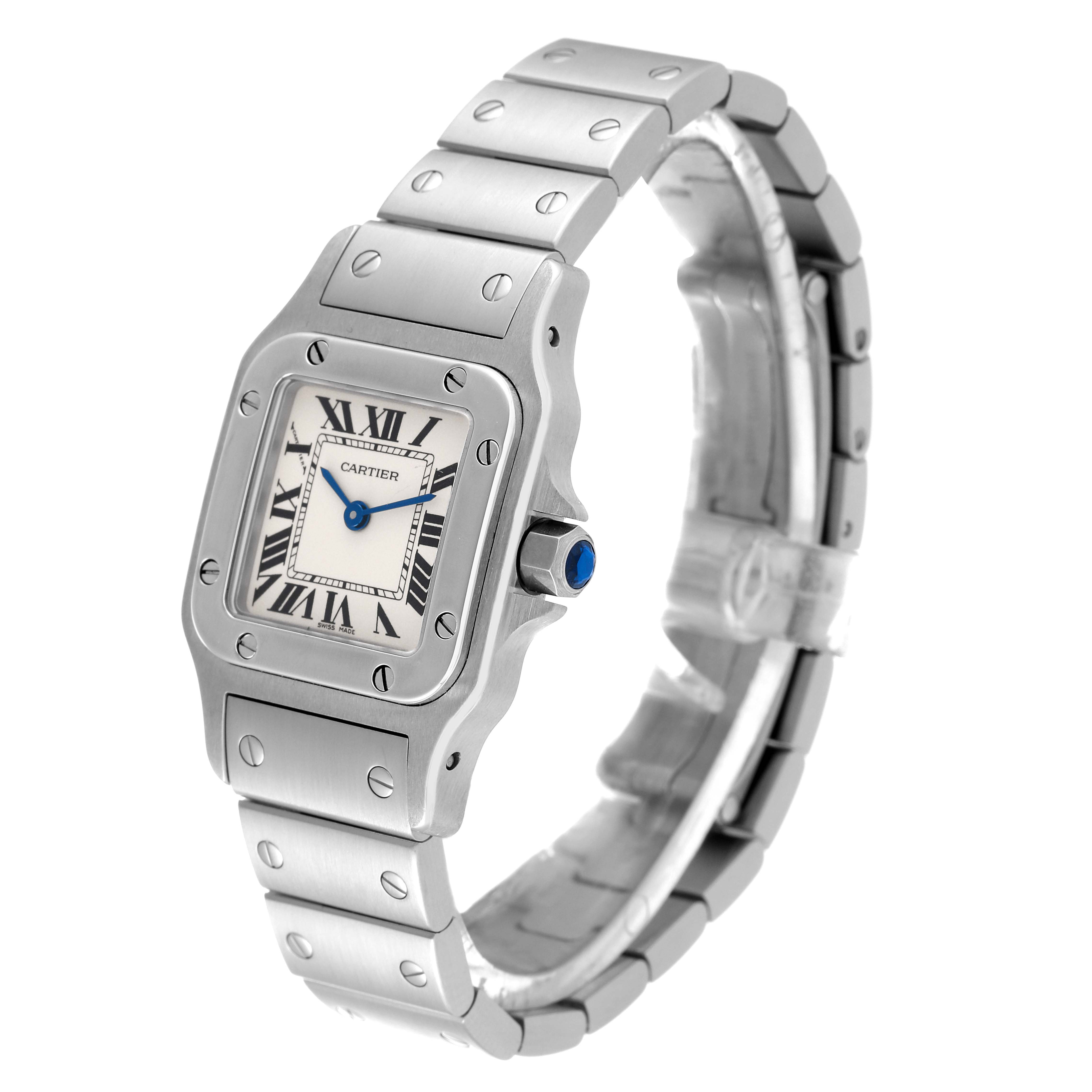 This image shows a Cartier Santos W20056D6 Women's Stainless Steel Silver Dial W20056D6 Women's Stainless Steel Silver Dial watch at a three-quarter angle, highlighting the face, bezel, and bracelet.
