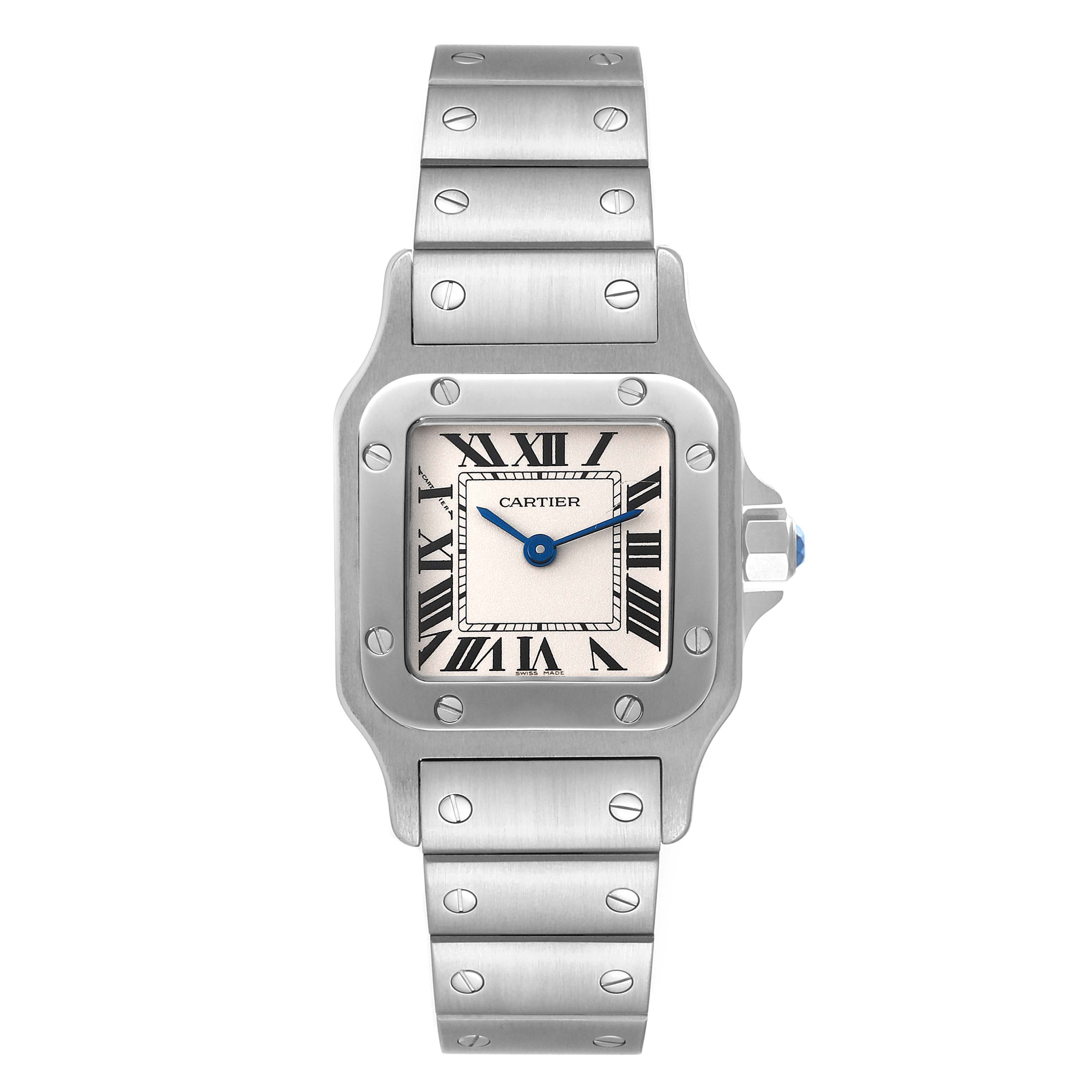 The image shows a front view of a Cartier Santos W20056D6 Women's Stainless Steel Silver Dial W20056D6 Women's Stainless Steel Silver Dial watch, highlighting its dial, bezel, and stainless steel bracelet.