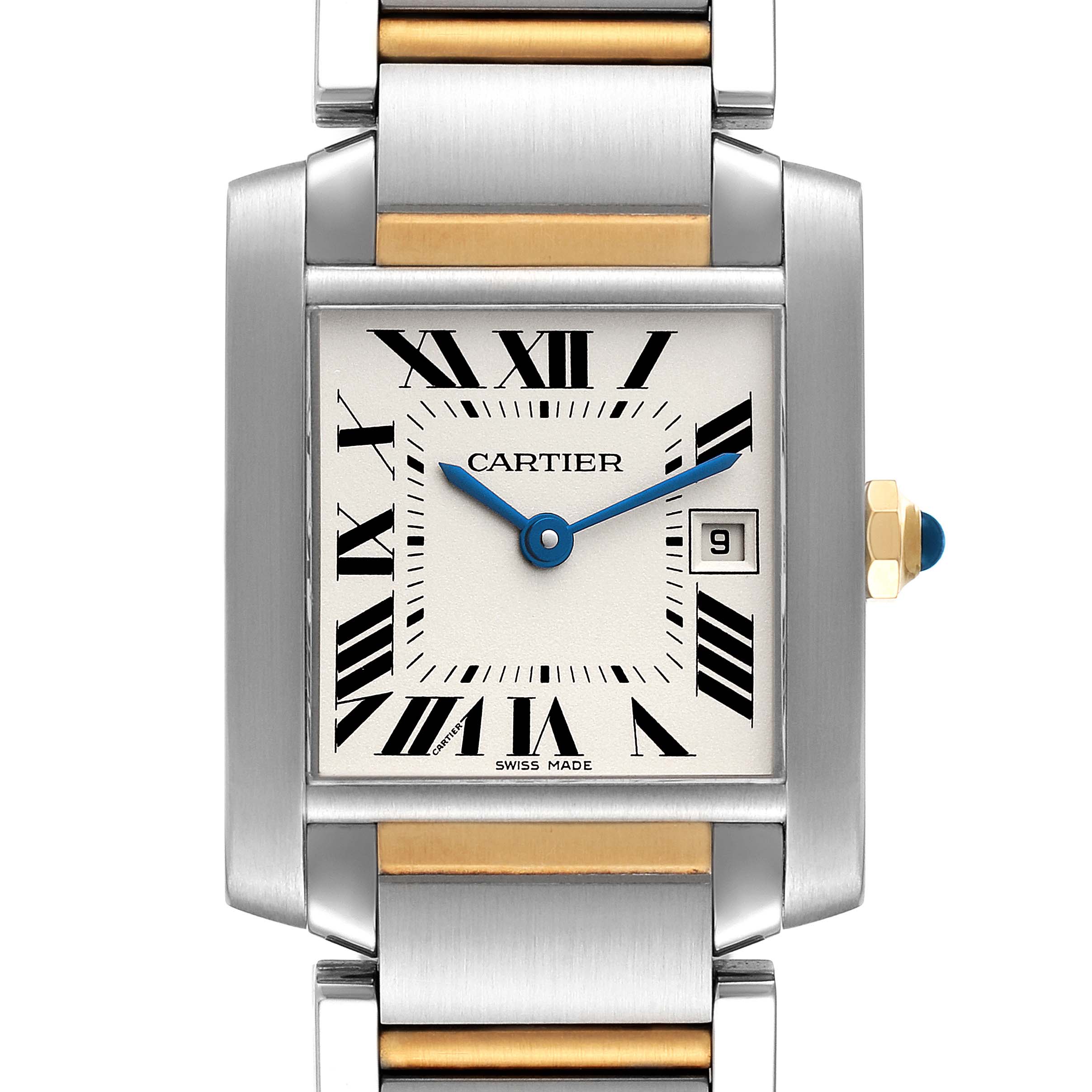 The Cartier Tank Francaise W51012Q4 Women's Steel and Gold (two tone) Silver Dial W51012Q4 Women's Steel and Gold (two tone) Silver Dial watch is shown from a frontal angle, displaying its face, Roman numerals, hands, date window, and two-tone bracelet.