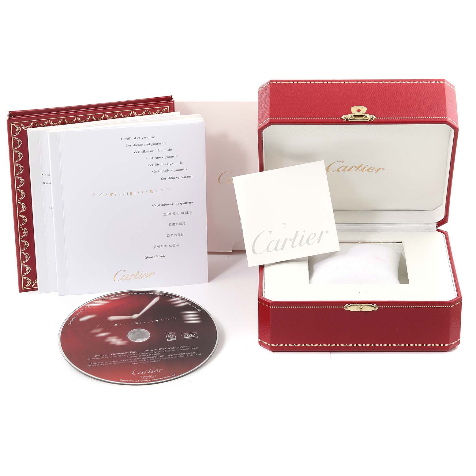 The image shows the packaging, manuals, and a CD for the Cartier Tank Francaise W51012Q4 Women's Steel and Gold (two tone) Silver Dial W51012Q4 Women's Steel and Gold (two tone) Silver Dial watch, along with its red presentation box.