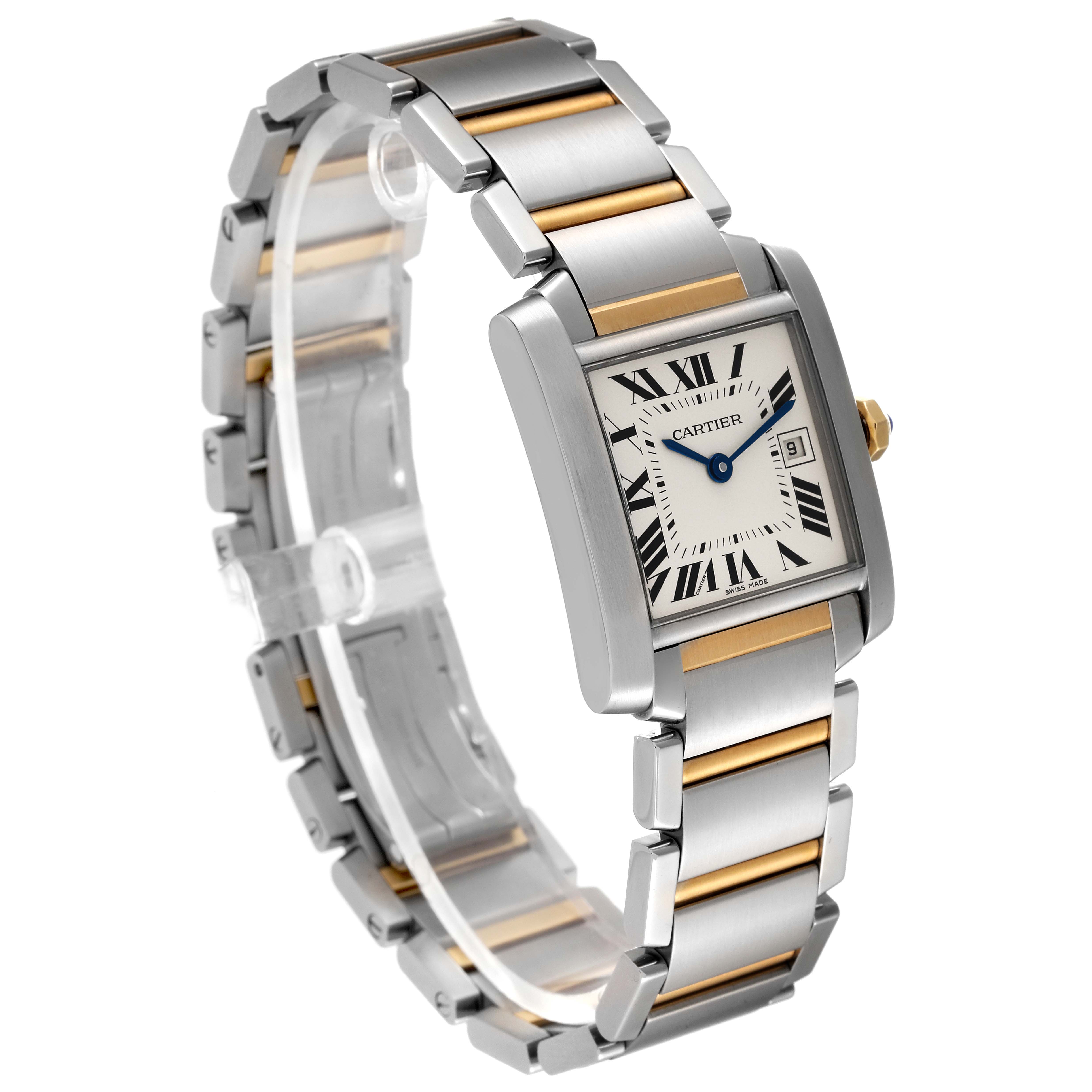 The image shows a Cartier Tank Française watch at a three-quarter angle, highlighting its two-tone bracelet and rectangular face.