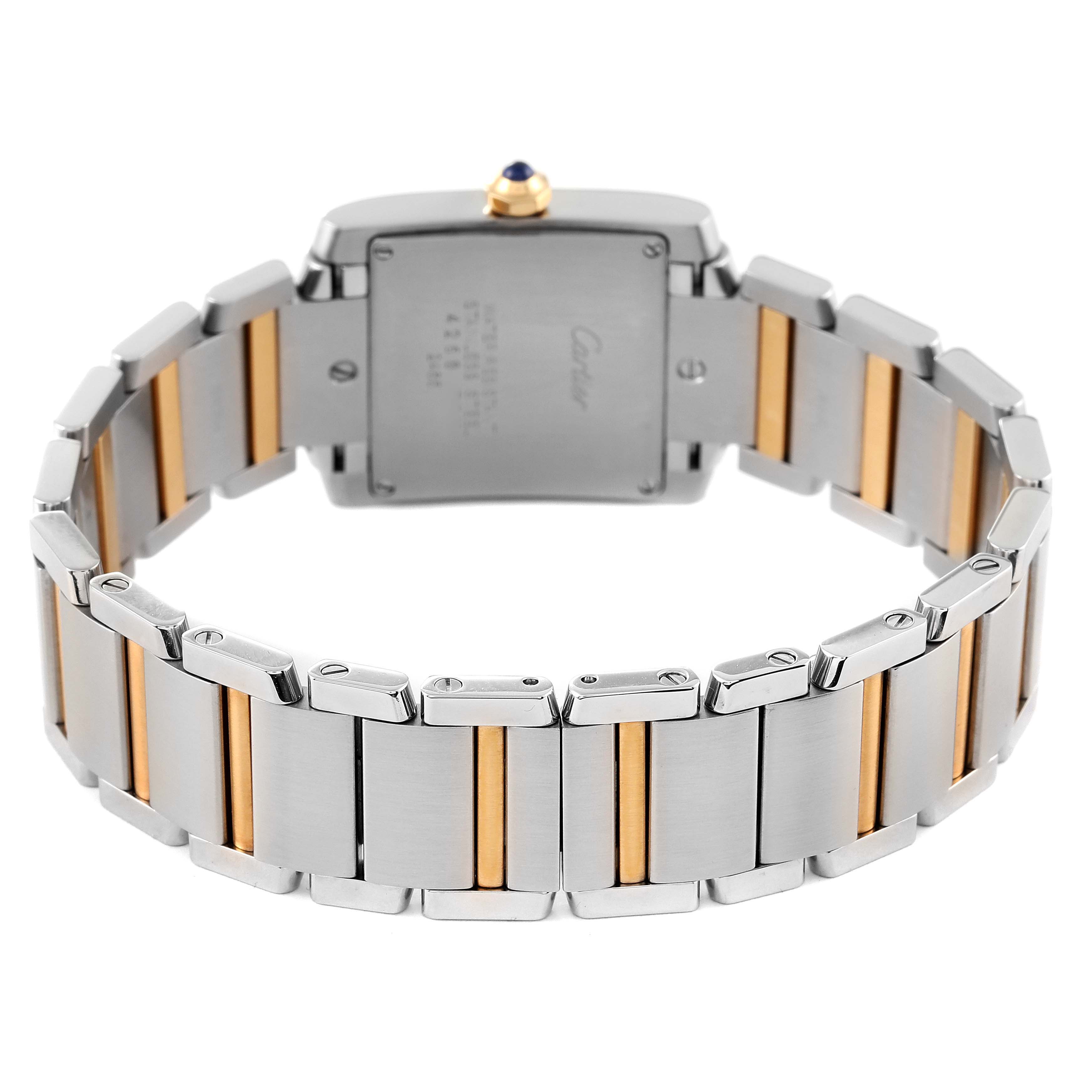 The image displays the back view of the Cartier Tank Francaise W51012Q4 Women's Steel and Gold (two tone) Silver Dial W51012Q4 Women's Steel and Gold (two tone) Silver Dial watch, focusing on its two-tone bracelet and case back.