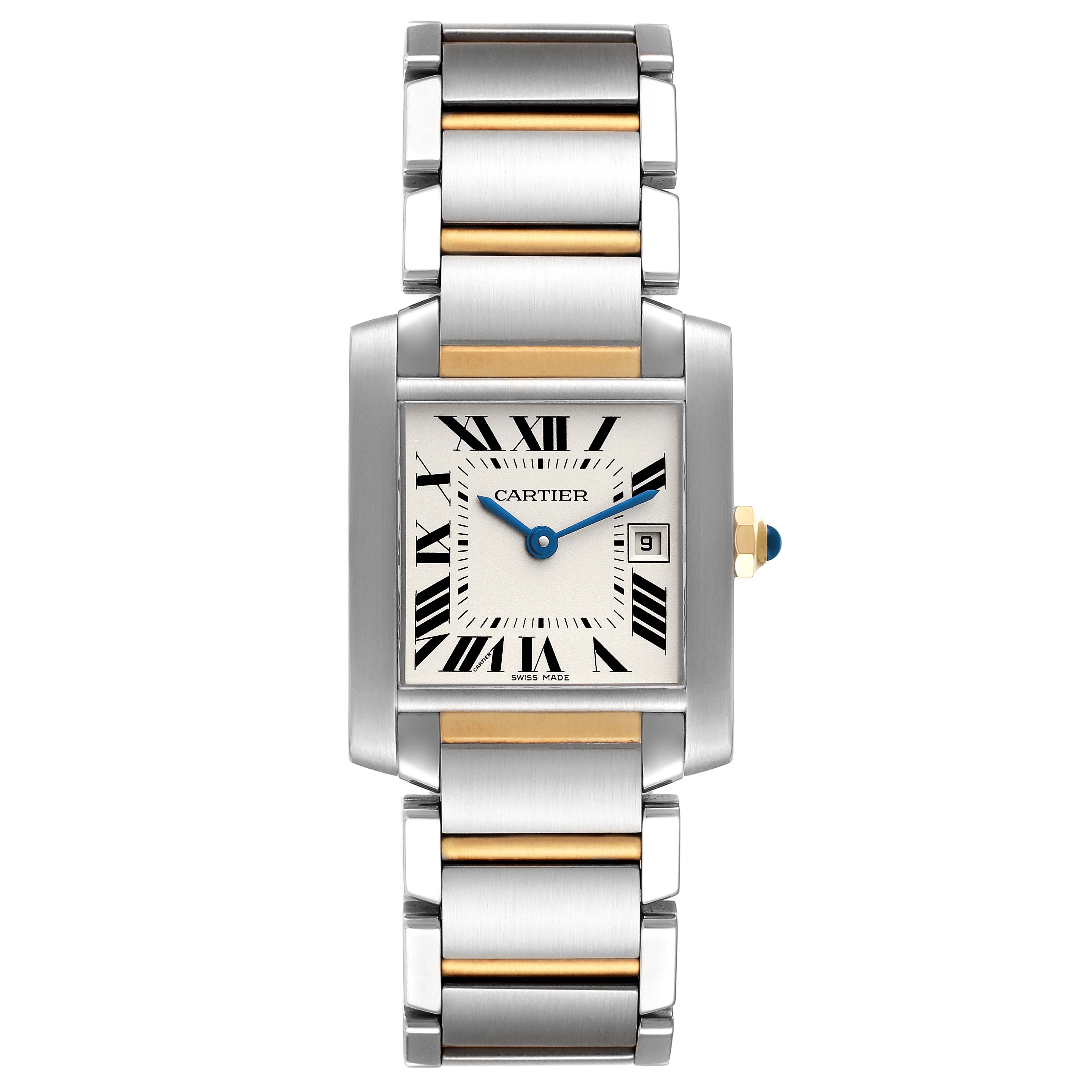 The image shows a front view of the Cartier Tank Française watch, featuring a rectangular dial and a metal bracelet.