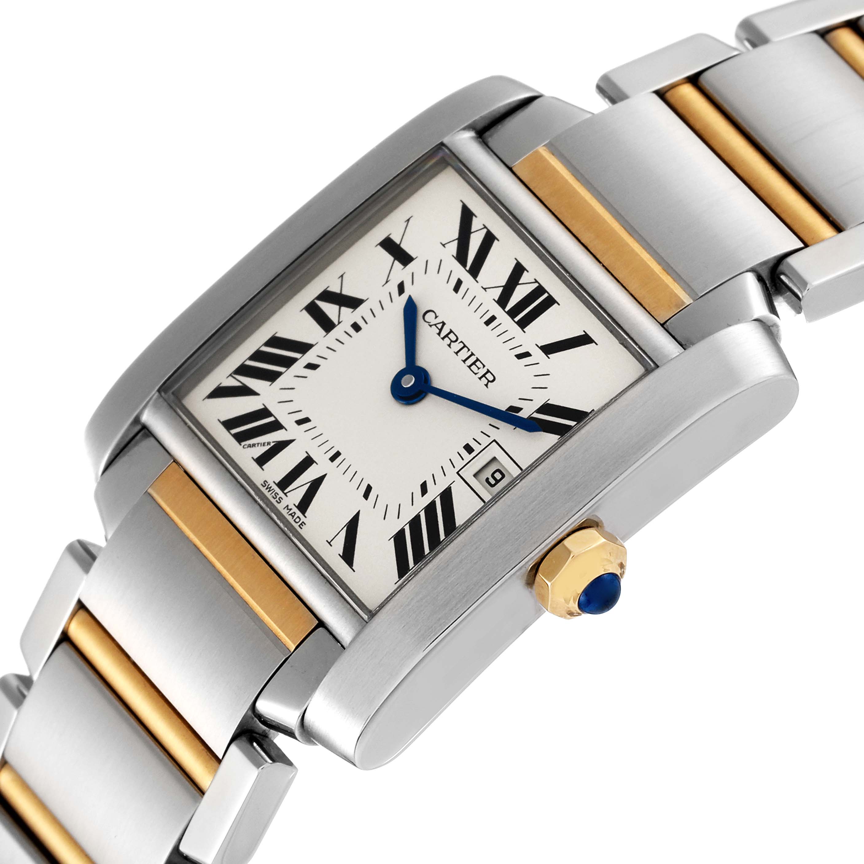 The Cartier Tank Francaise W51012Q4 Women's Steel and Gold (two tone) Silver Dial W51012Q4 Women's Steel and Gold (two tone) Silver Dial watch is shown at an angle displaying its face, bracelet, and crown.