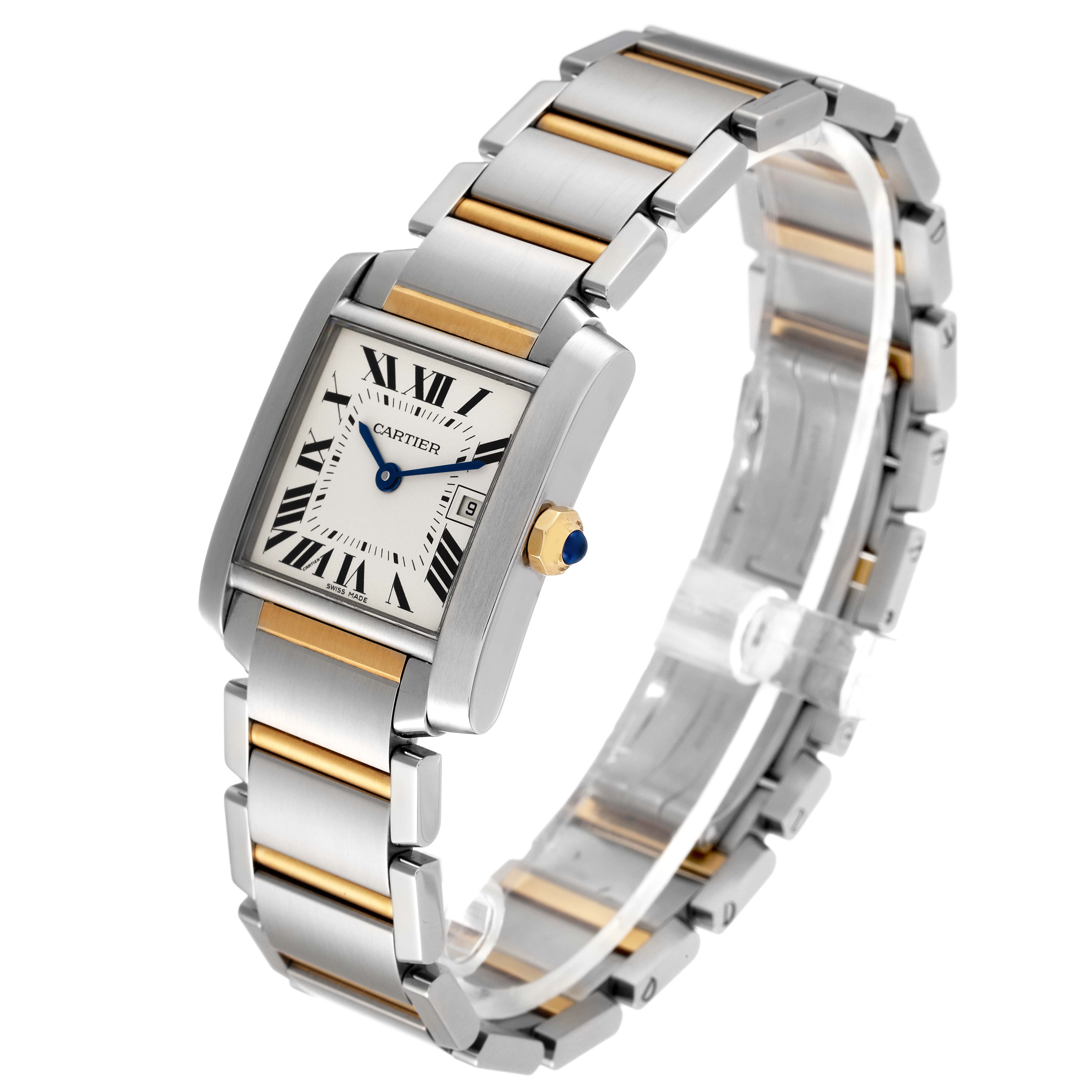 The image shows a Cartier Tank Française watch at an angle, displaying the face, bezel, bracelet, and crown.
