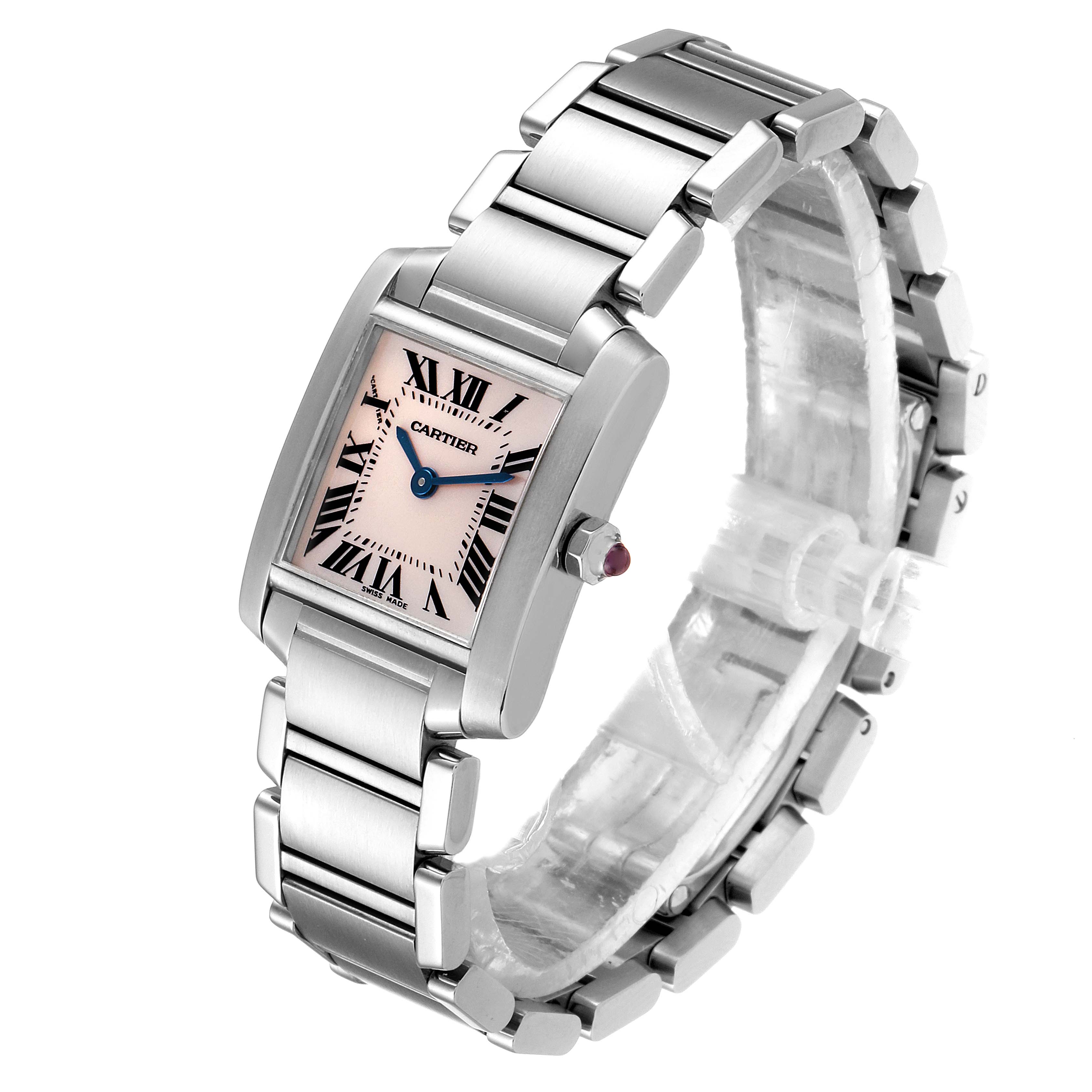 The image shows a Cartier Tank Francaise W51028Q3 Women's Stainless Steel Mother of Pearl Dial W51028Q3 Women's Stainless Steel Mother of Pearl Dial watch at a three-quarter angle, highlighting its rectangular face and metal bracelet.
