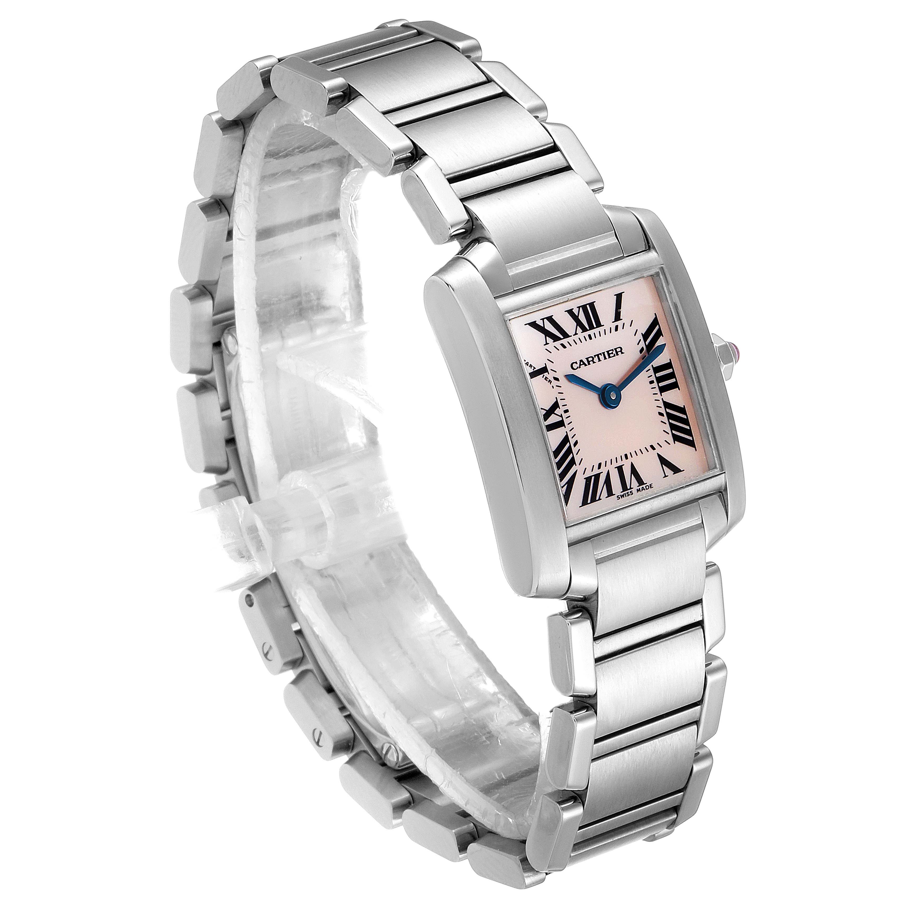 The image shows a side and front angle of the Cartier Tank Francaise W51028Q3 Women's Stainless Steel Mother of Pearl Dial W51028Q3 Women's Stainless Steel Mother of Pearl Dial watch, highlighting its face, bracelet, and clasp.
