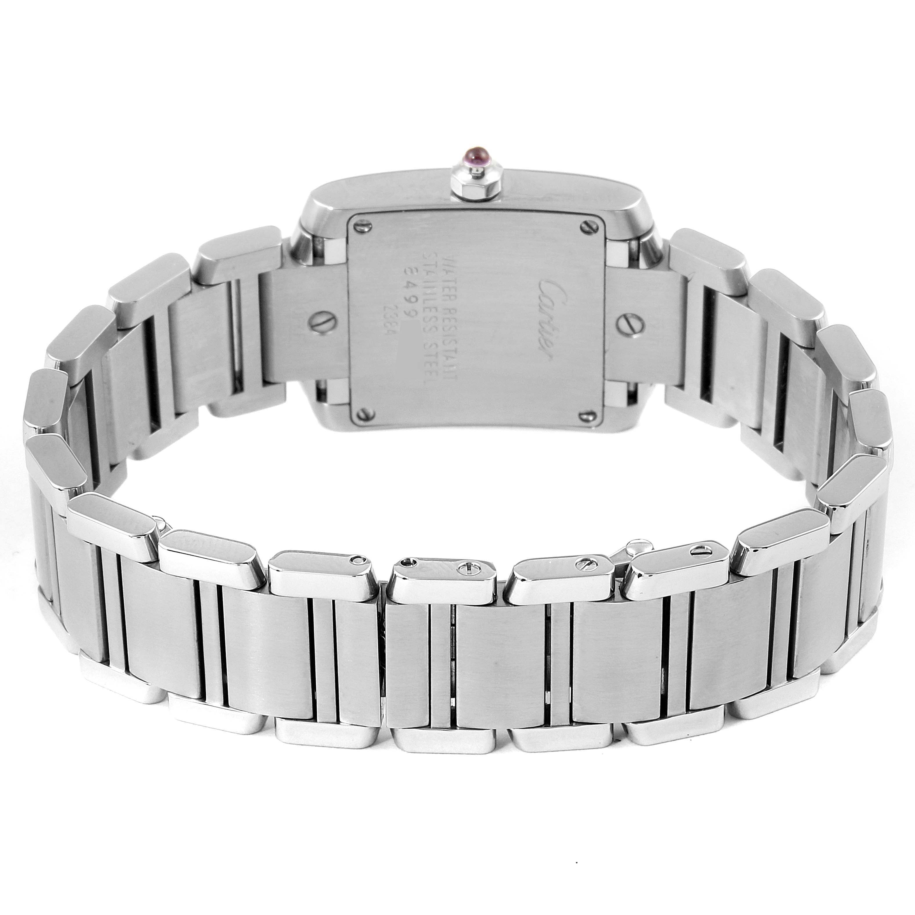 The image shows the back view of the Cartier Tank Francaise W51028Q3 Women's Stainless Steel Mother of Pearl Dial W51028Q3 Women's Stainless Steel Mother of Pearl Dial watch, highlighting its stainless steel case and bracelet.