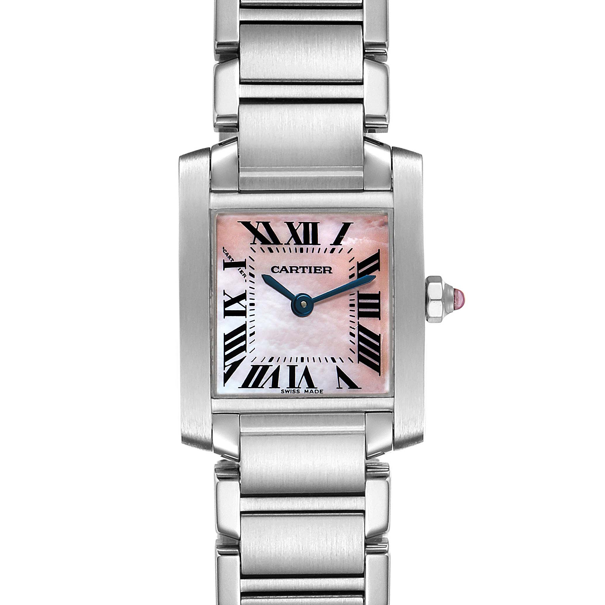The image shows a front view of the Cartier Tank Francaise W51028Q3 Women's Stainless Steel Mother of Pearl Dial W51028Q3 Women's Stainless Steel Mother of Pearl Dial watch, highlighting the face, bracelet, and crown.