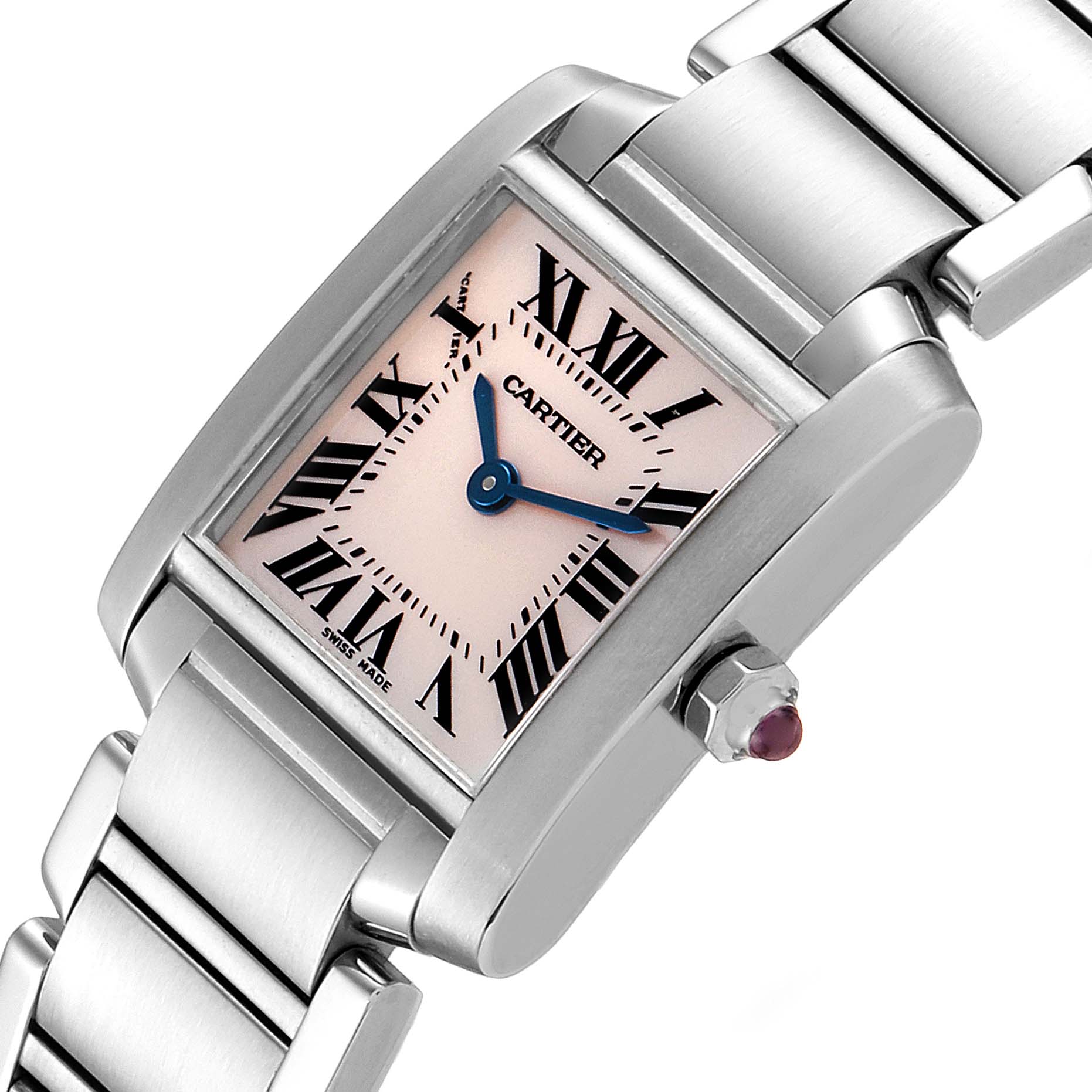The image shows a Cartier Tank Francaise W51028Q3 Women's Stainless Steel Mother of Pearl Dial W51028Q3 Women's Stainless Steel Mother of Pearl Dial watch at an angled close-up, emphasizing the face, bracelet, and crown.