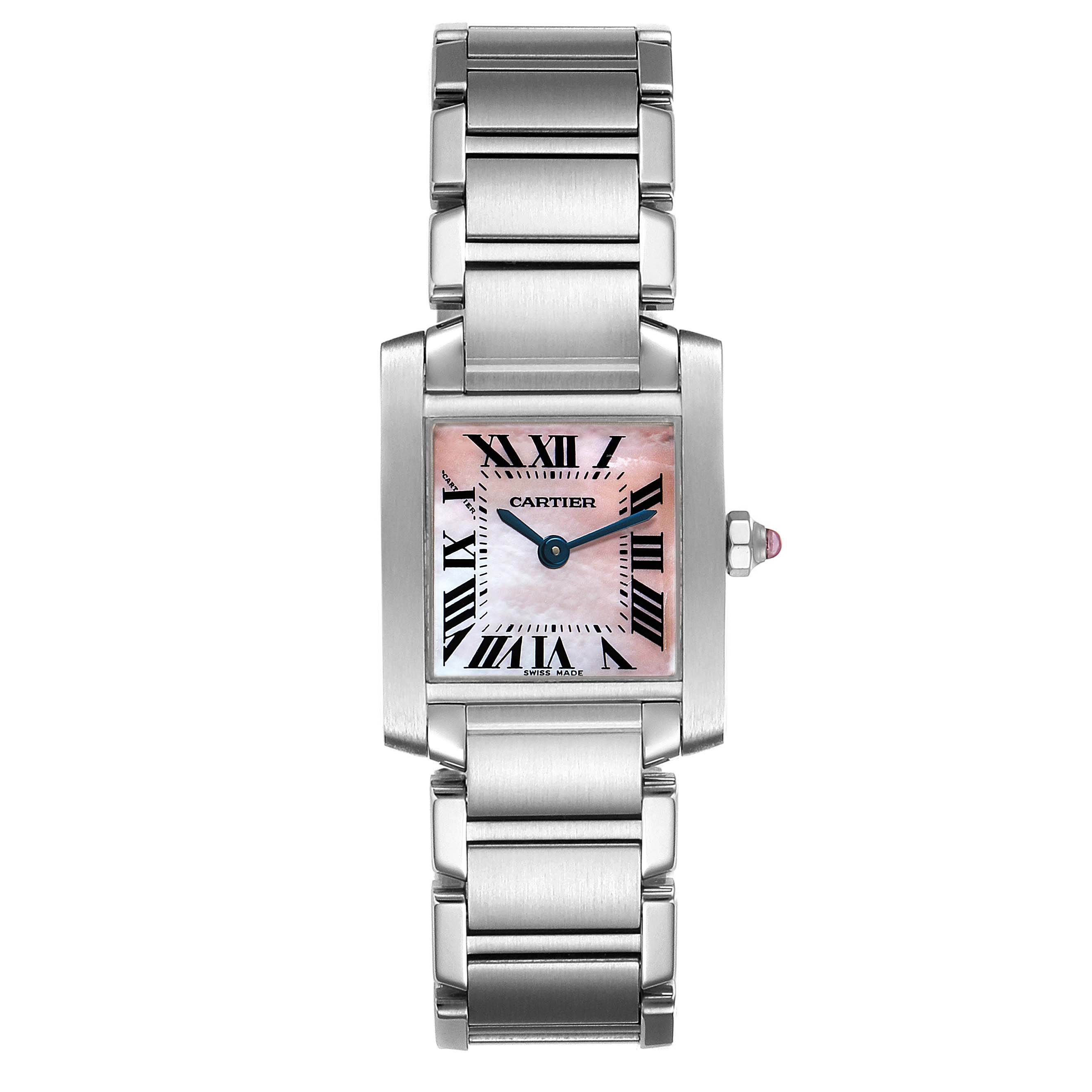 The image displays a front view of a Cartier Tank Francaise W51028Q3 Women's Stainless Steel Mother of Pearl Dial W51028Q3 Women's Stainless Steel Mother of Pearl Dial watch, highlighting the dial, case, crown, and bracelet.