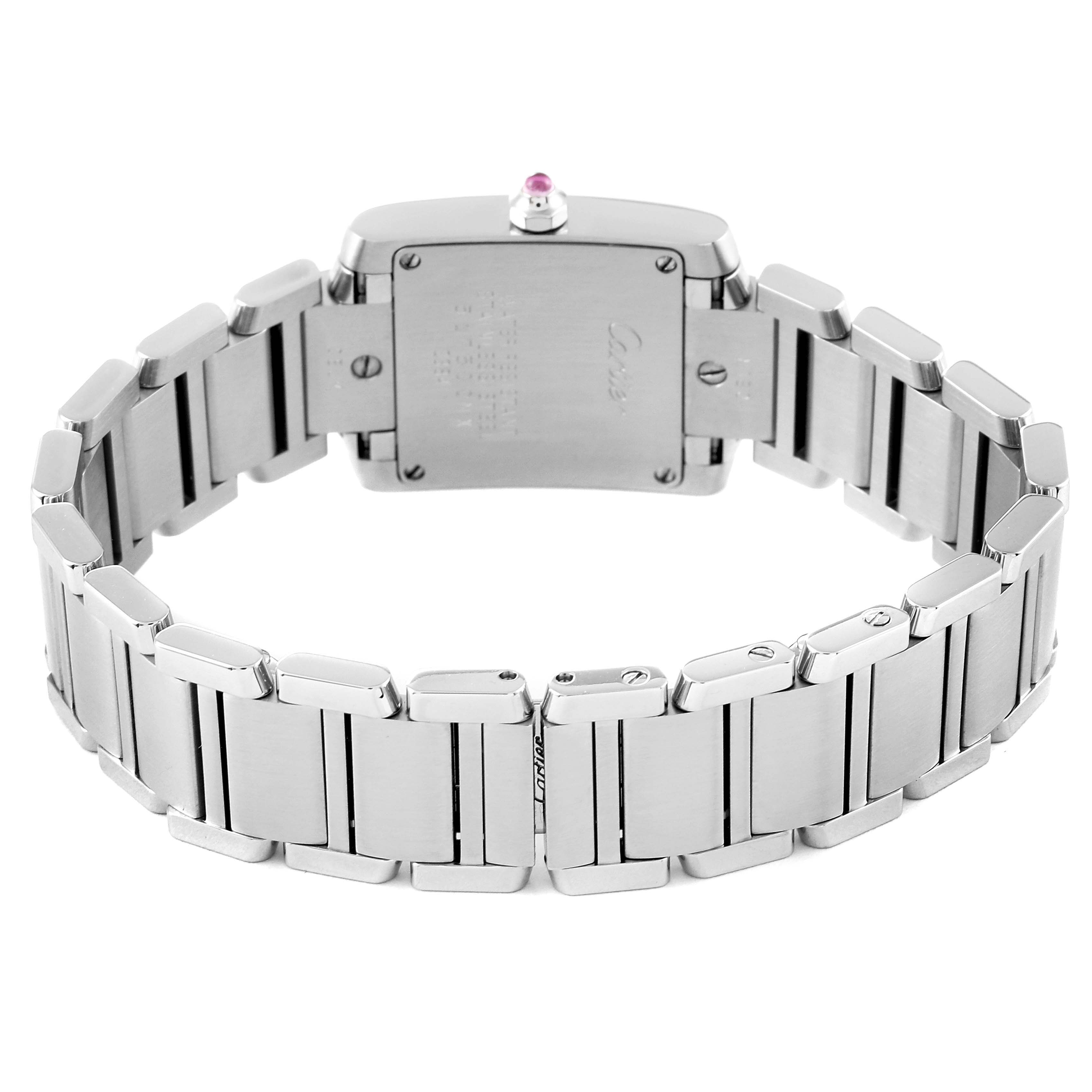 The image shows the back view of a Cartier Tank Francaise W51028Q3 Women's Stainless Steel Mother of Pearl Dial W51028Q3 Women's Stainless Steel Mother of Pearl Dial watch, including the clasp and case back.