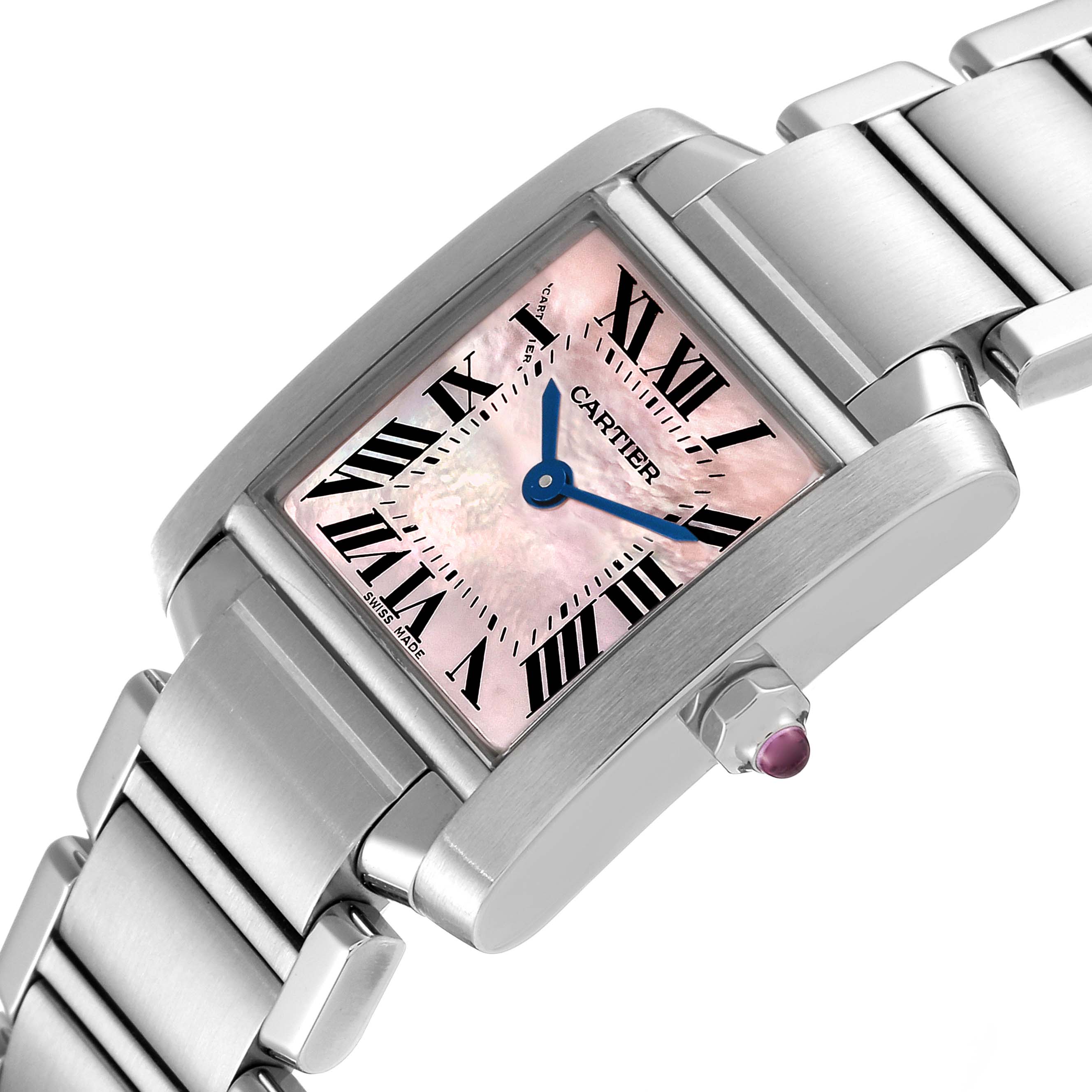 The image shows a close-up angle of a Cartier Tank Francaise W51028Q3 Women's Stainless Steel Mother of Pearl Dial W51028Q3 Women's Stainless Steel Mother of Pearl Dial watch, highlighting its pink mother-of-pearl dial and stainless steel bracelet.