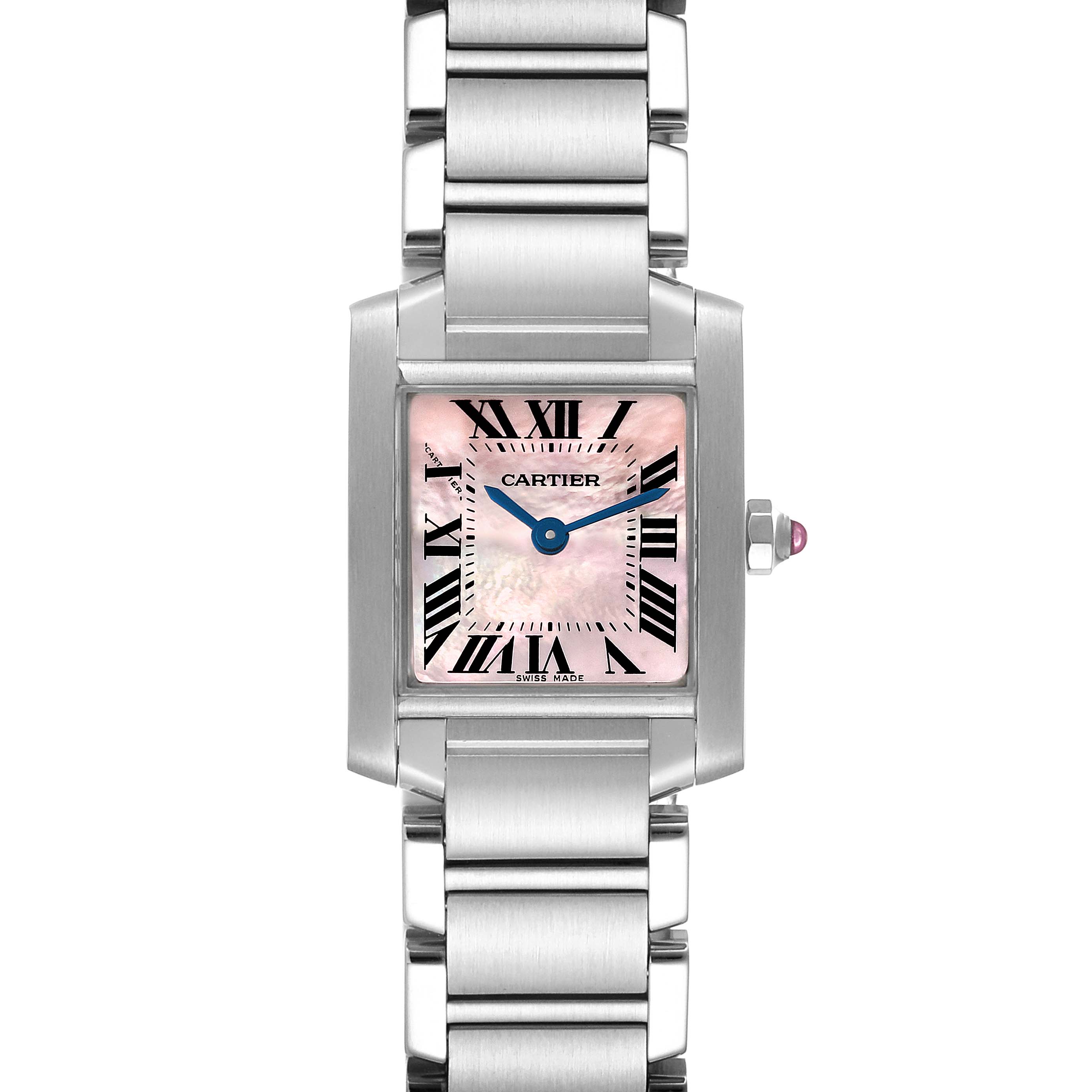 The image shows a front view of the Cartier Tank Francaise W51028Q3 Women's Stainless Steel Mother of Pearl Dial W51028Q3 Women's Stainless Steel Mother of Pearl Dial watch, highlighting its square face, Roman numerals, and metal bracelet.