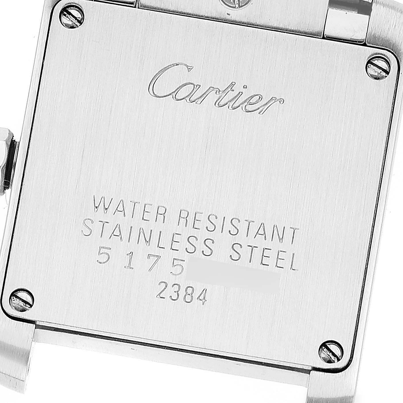 This image shows the stainless steel back of a Cartier Tank Francaise W51028Q3 Women's Stainless Steel Mother of Pearl Dial W51028Q3 Women's Stainless Steel Mother of Pearl Dial watch, displaying the water resistance and model information.
