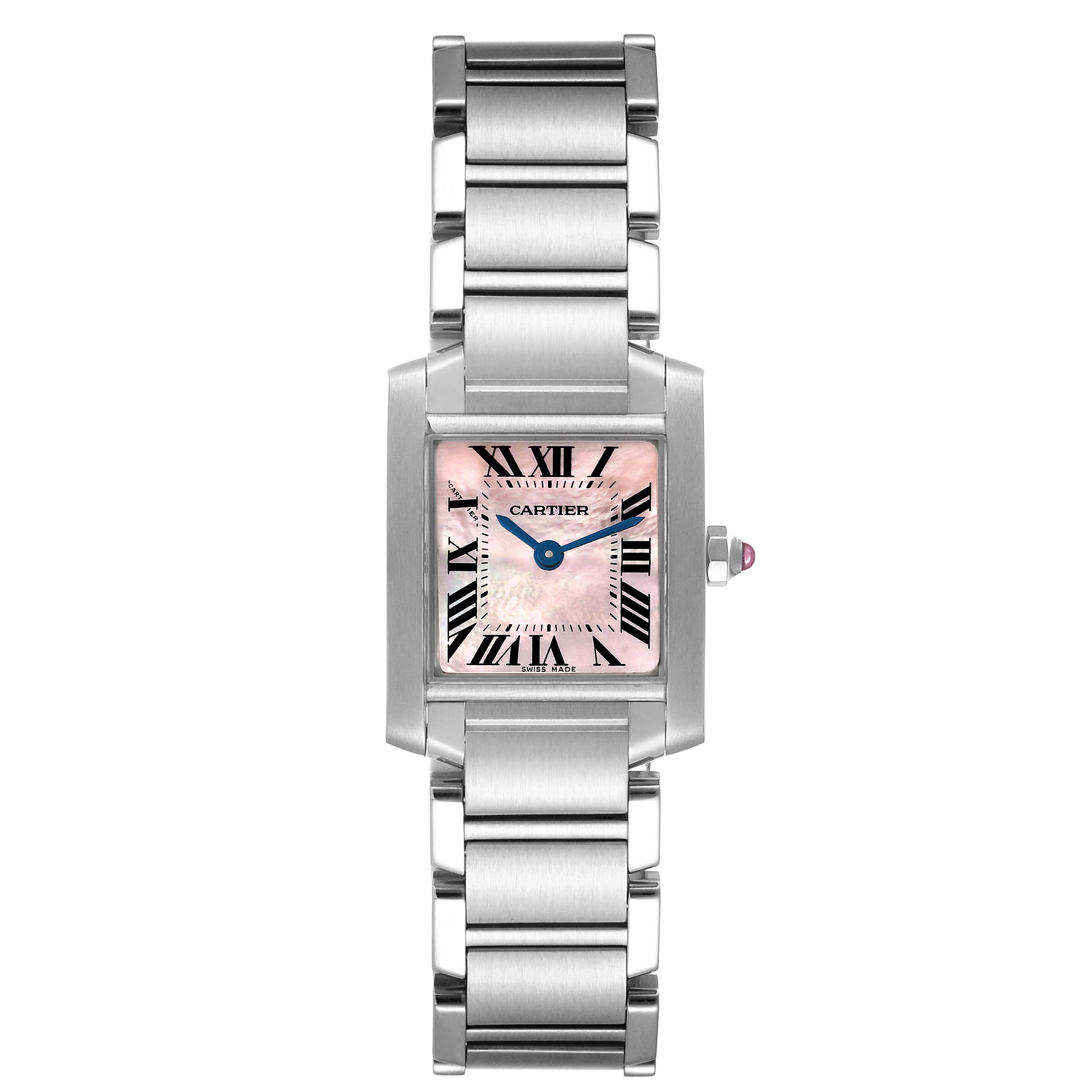 The image shows a Cartier Tank Française watch, capturing a front view of the rectangular face and metal bracelet.