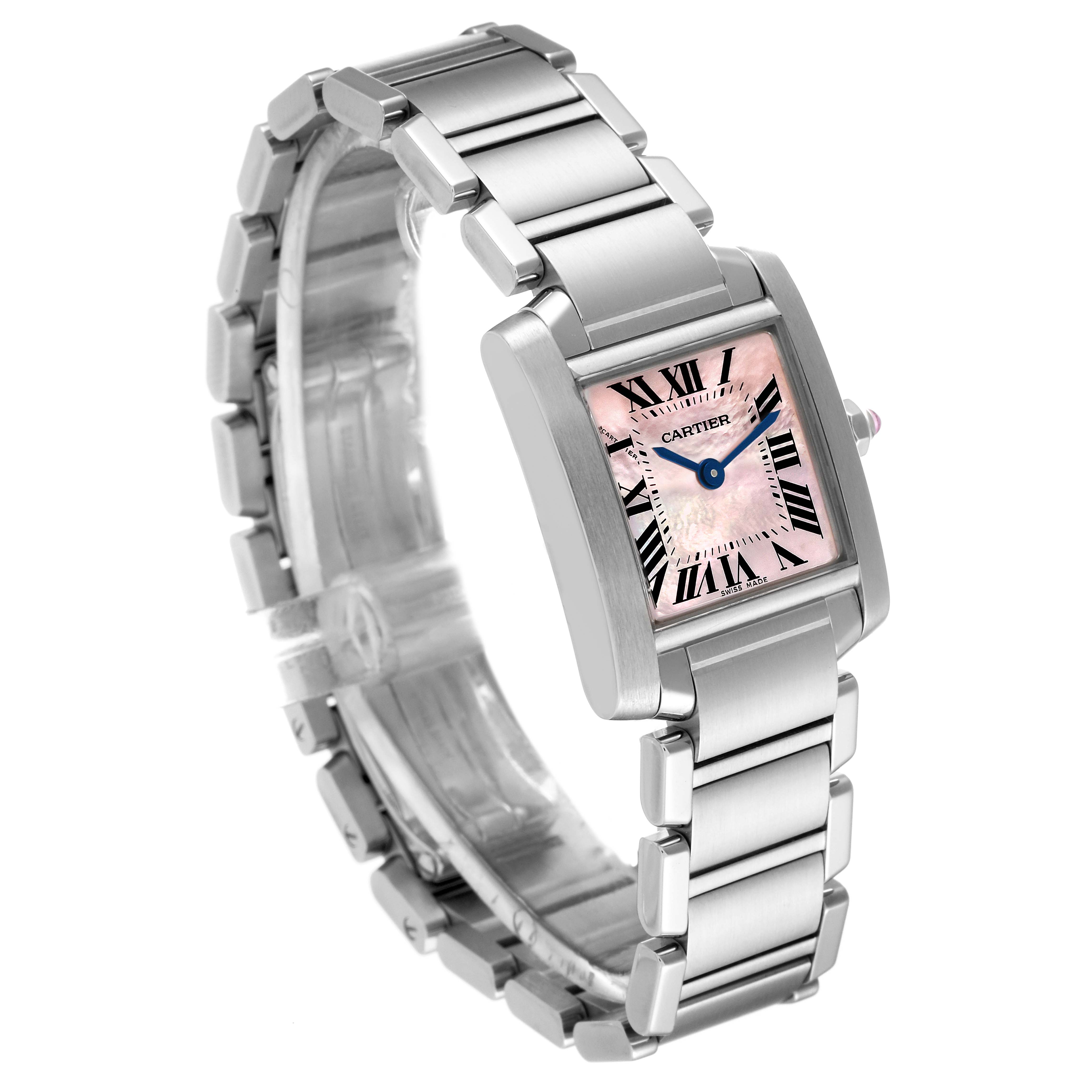 The Cartier Tank Francaise W51028Q3 Women's Stainless Steel Mother of Pearl Dial W51028Q3 Women's Stainless Steel Mother of Pearl Dial watch is shown at a slight angle, displaying its pink dial, Roman numerals, and stainless steel bracelet.