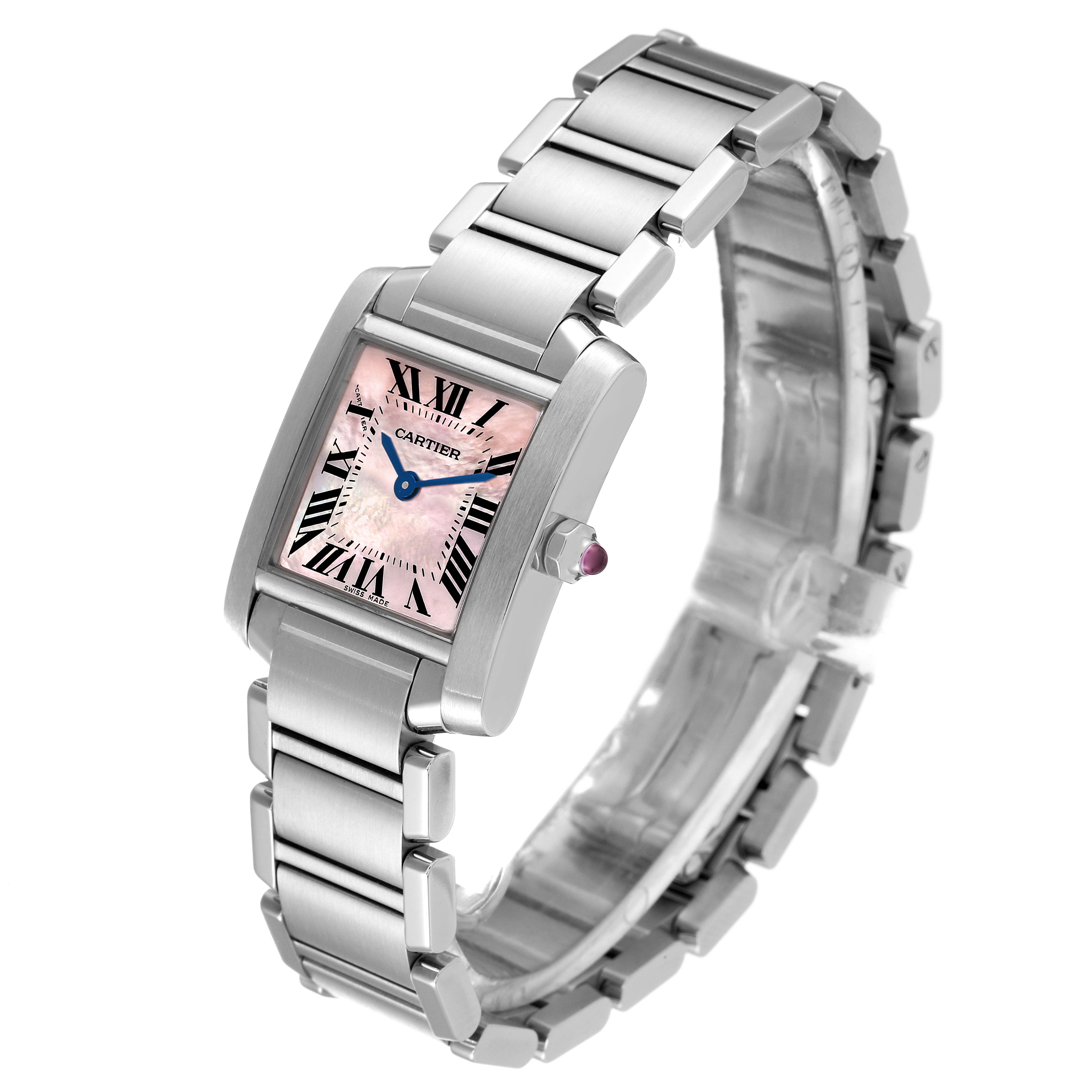 The Cartier Tank Francaise W51028Q3 Women's Stainless Steel Mother of Pearl Dial W51028Q3 Women's Stainless Steel Mother of Pearl Dial watch is shown at an angled front view, highlighting its bracelet, case, dial, and crown.