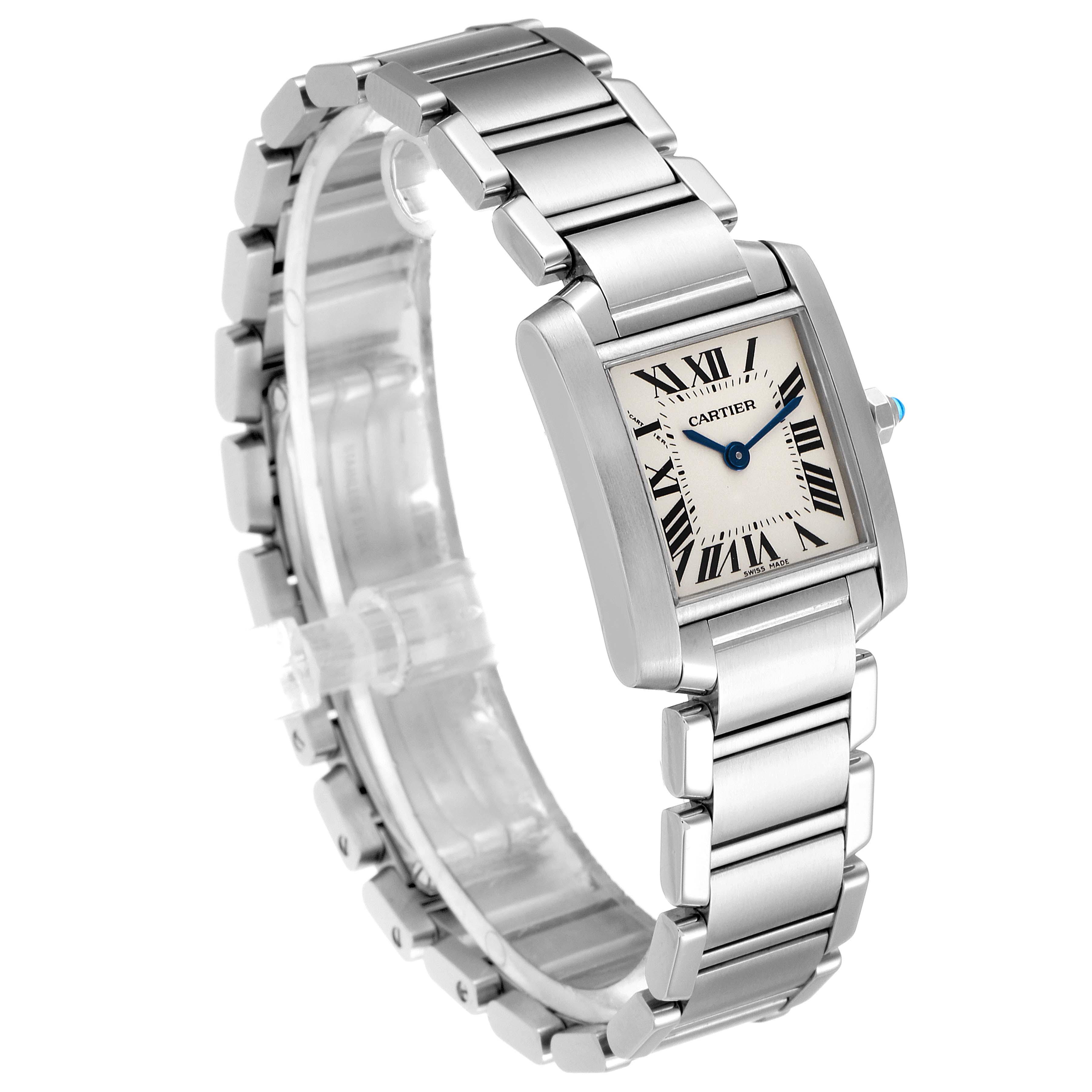 The image shows a Cartier Tank Francaise W51008Q3 Women
s Stainless Steel Silver Dial W51008Q3 Women
s Stainless Steel Silver Dial watch from an angled perspective highlighting its stainless steel bracelet and rectangular face.