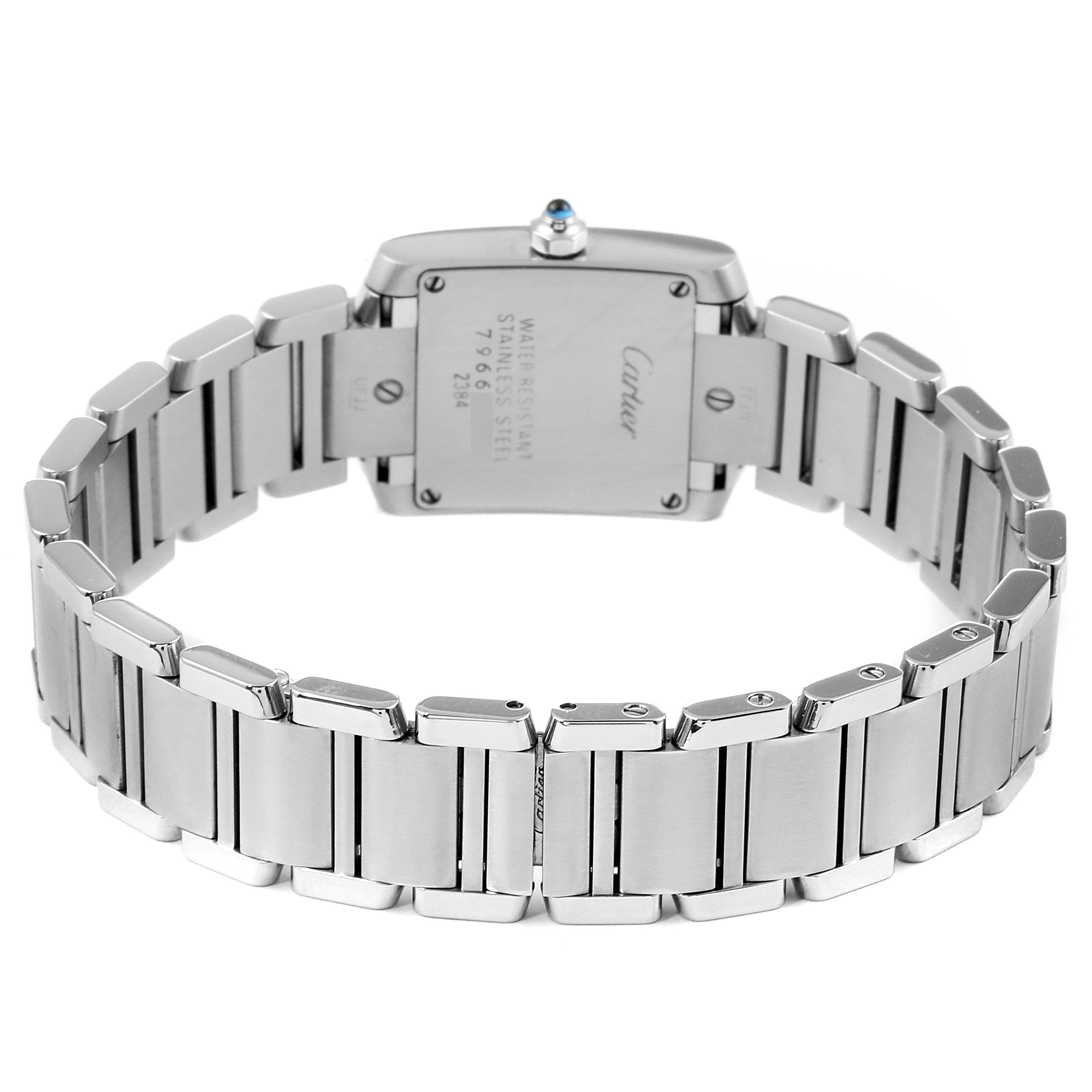 The image shows the back and band of a Cartier Tank Francaise W51008Q3 Women
s Stainless Steel Silver Dial W51008Q3 Women
s Stainless Steel Silver Dial watch, highlighting the stainless steel bracelet and back case.