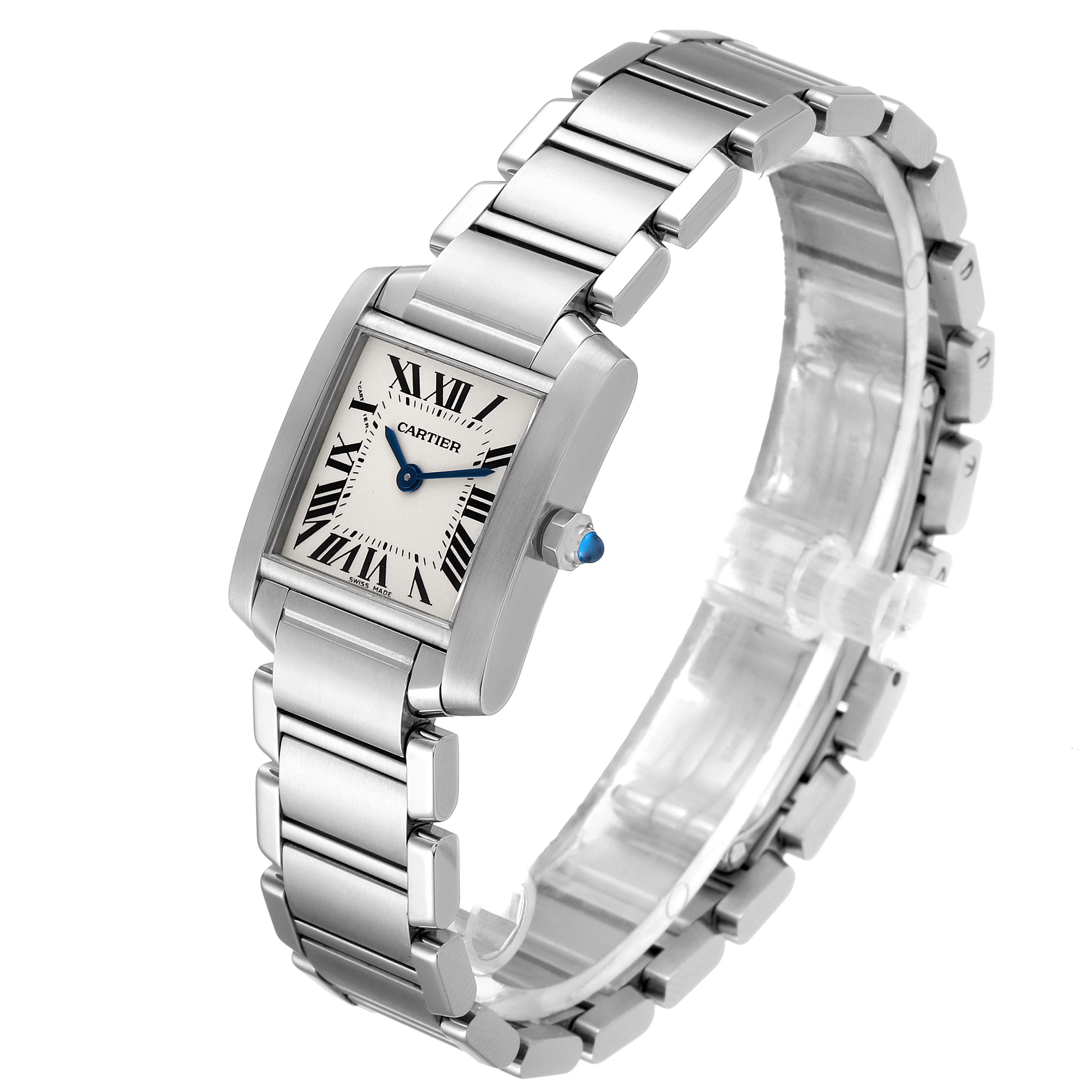 The image shows a Cartier Tank Française watch angled to display its rectangular dial, bracelet, and crown.