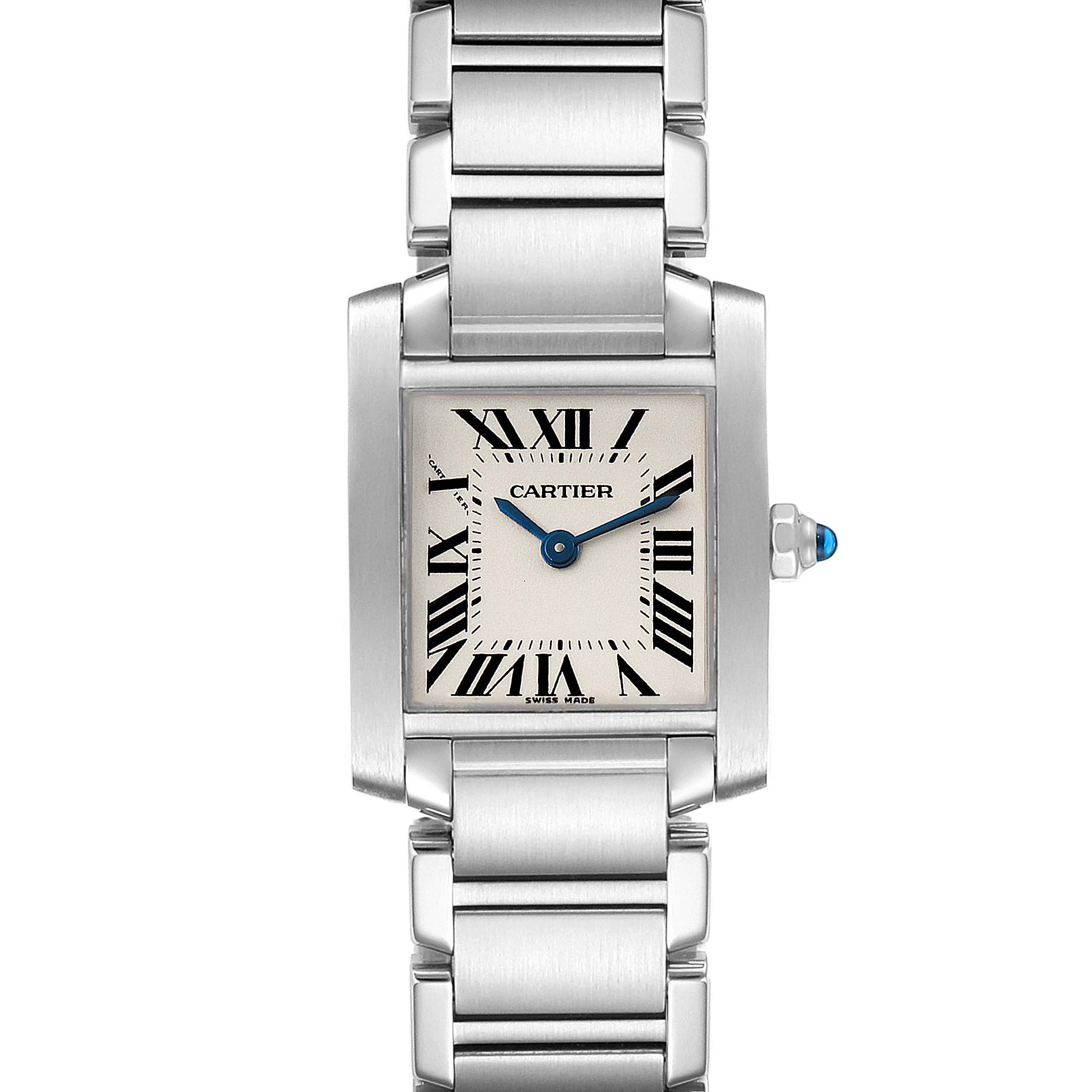 The Tank Francaise by Cartier is shown from a front angle, displaying the watch face, bezel, and part of the metal bracelet.