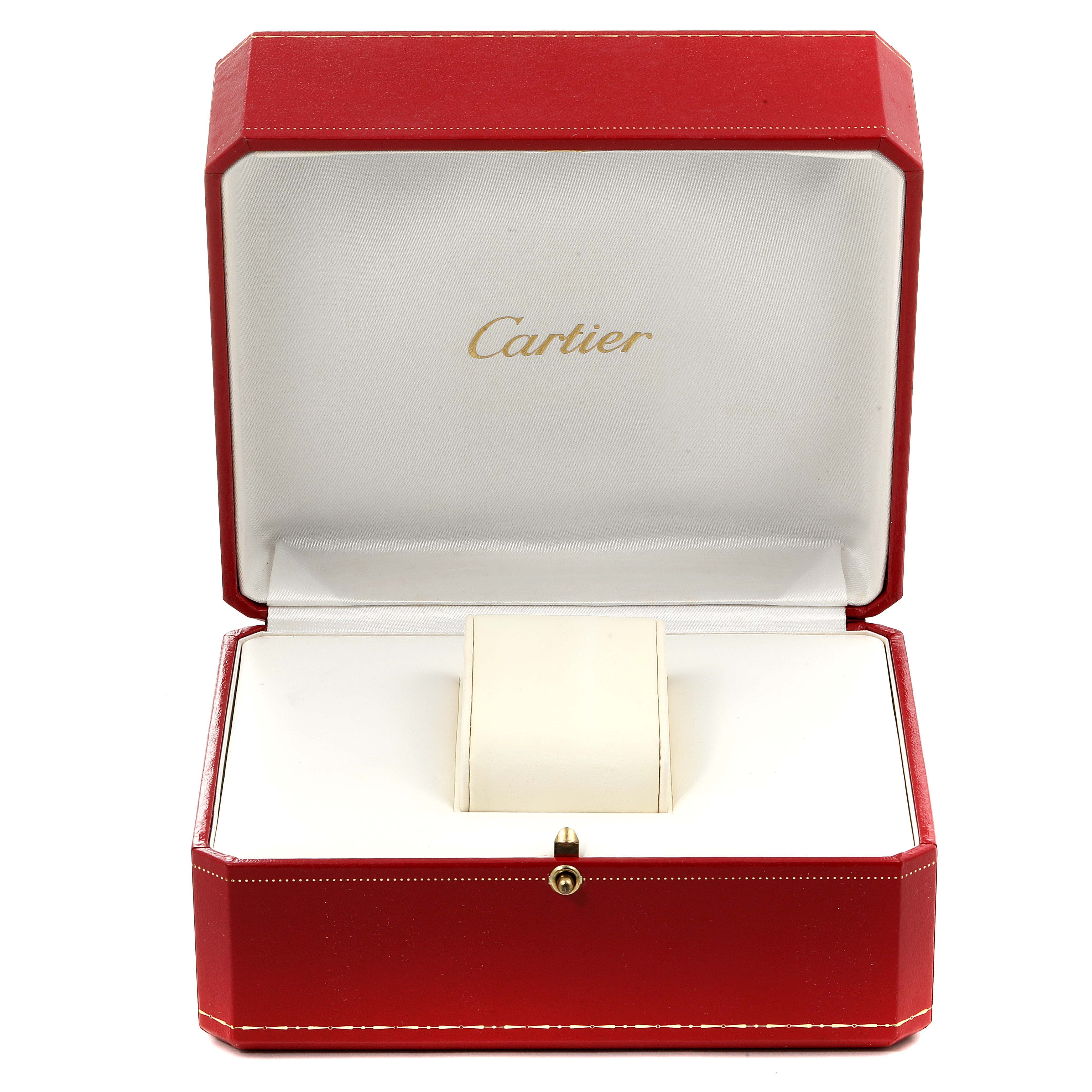 This image shows an open red Cartier box designed for the Tank Française watch, with the Cartier logo visible inside.