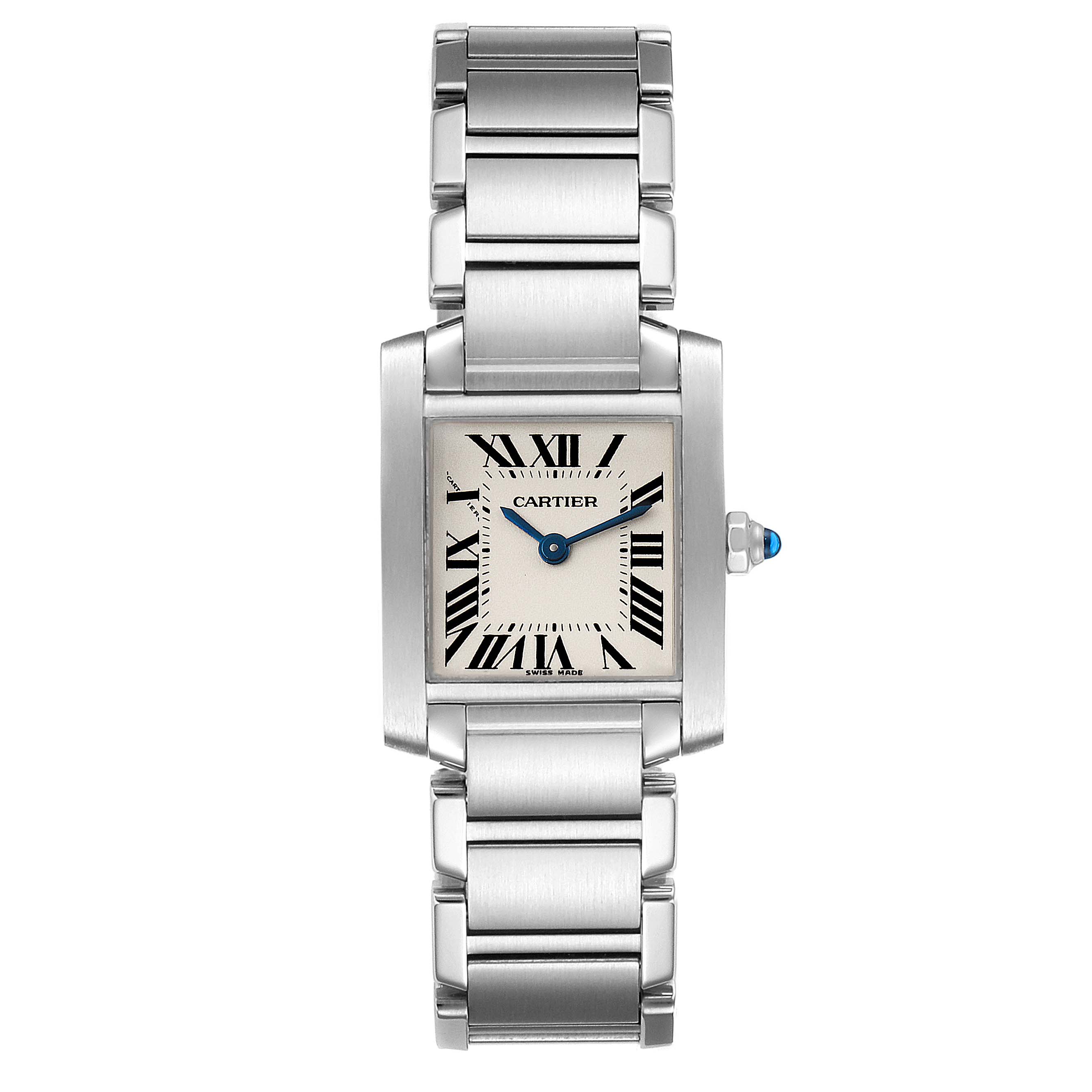 The Cartier Tank Francaise W51008Q3 Women
s Stainless Steel Silver Dial W51008Q3 Women
s Stainless Steel Silver Dial watch is shown from the front, displaying its square face, Roman numerals, blue hands, and metallic strap.
