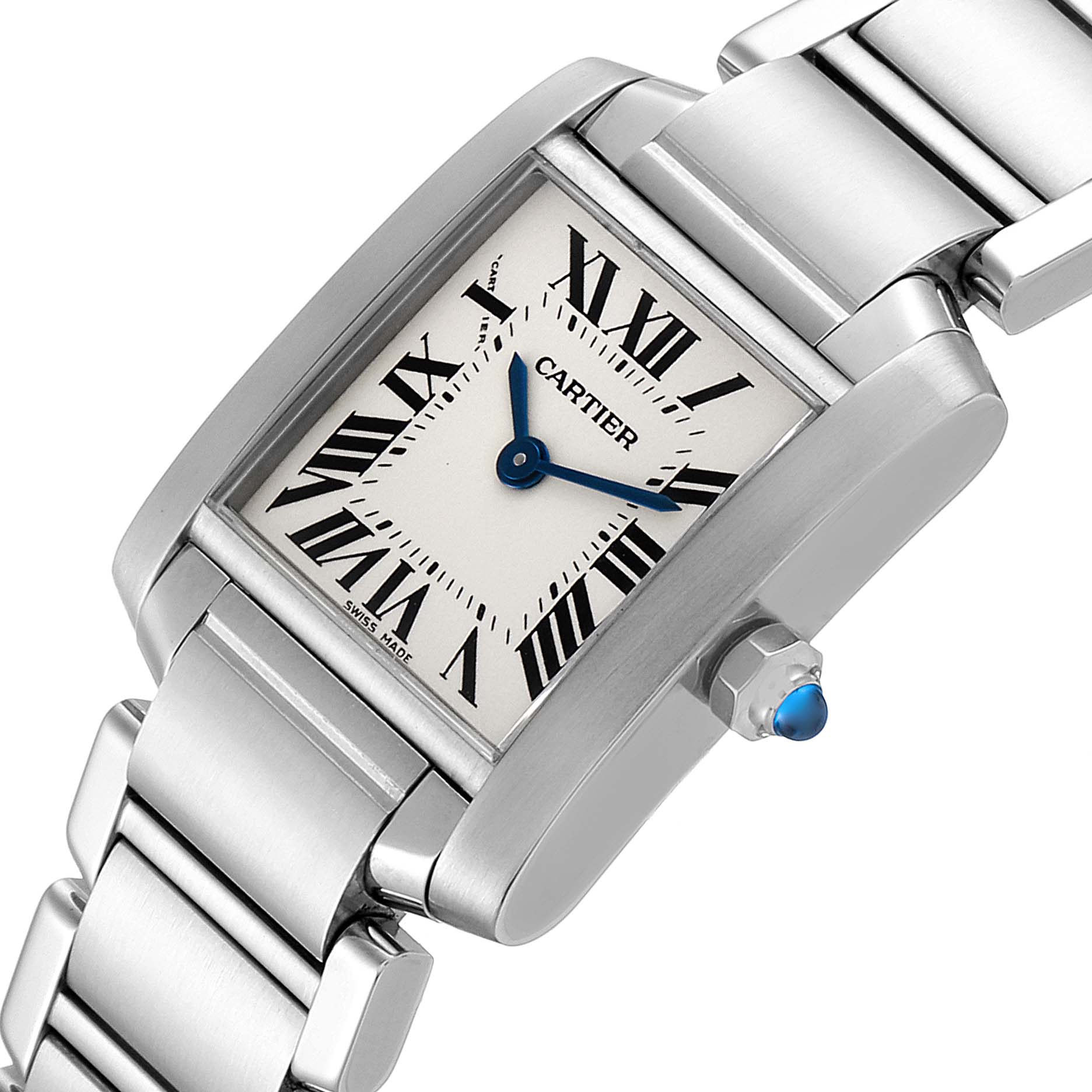 The image shows a close-up side angle of the Cartier Tank Francaise W51008Q3 Women
s Stainless Steel Silver Dial W51008Q3 Women
s Stainless Steel Silver Dial watch featuring its dial, bracelet, and crown.