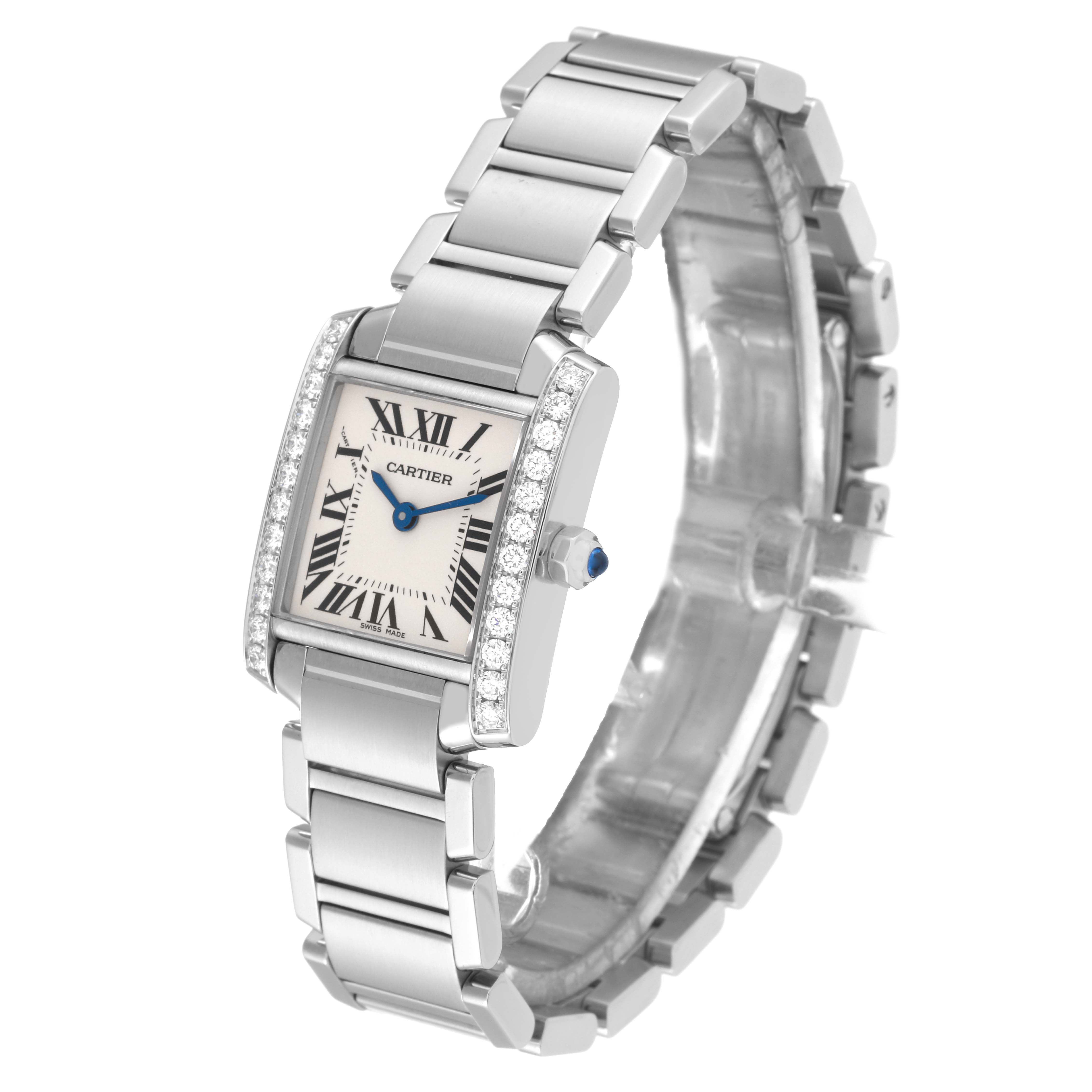 The Cartier Tank Francaise W4TA0008 Women
s Stainless Steel Silver Dial W4TA0008 Women
s Stainless Steel Silver Dial watch is shown at a slight angle, displaying its rectangular face, bracelet, and diamond accents.