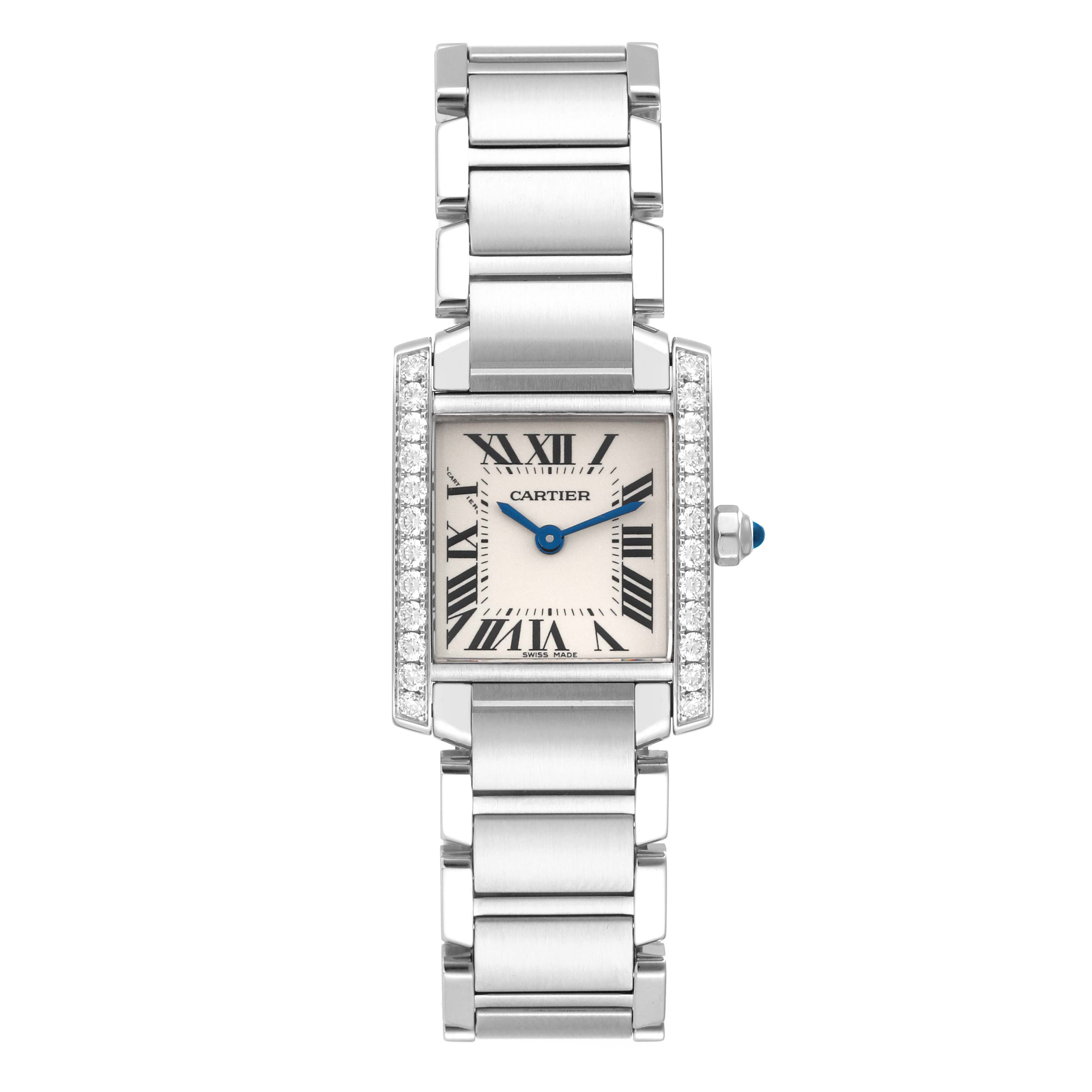 The image shows a front view of the Cartier Tank Française watch, highlighting its rectangular face, bracelet, and diamond accents.
