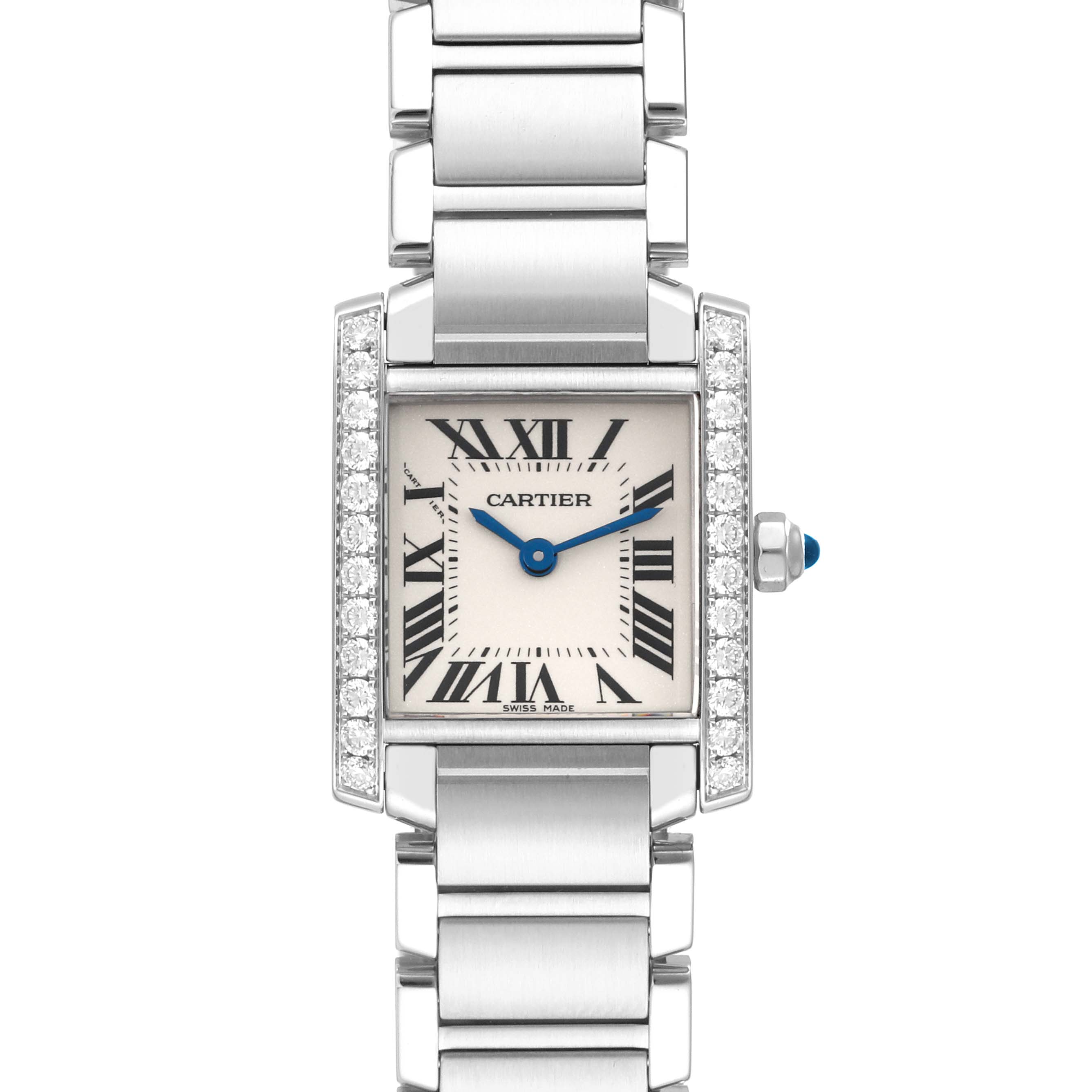 The image shows a frontal view of the Cartier Tank Francaise W4TA0008 Women
s Stainless Steel Silver Dial W4TA0008 Women
s Stainless Steel Silver Dial watch, displaying its face, bezel, and bracelet.