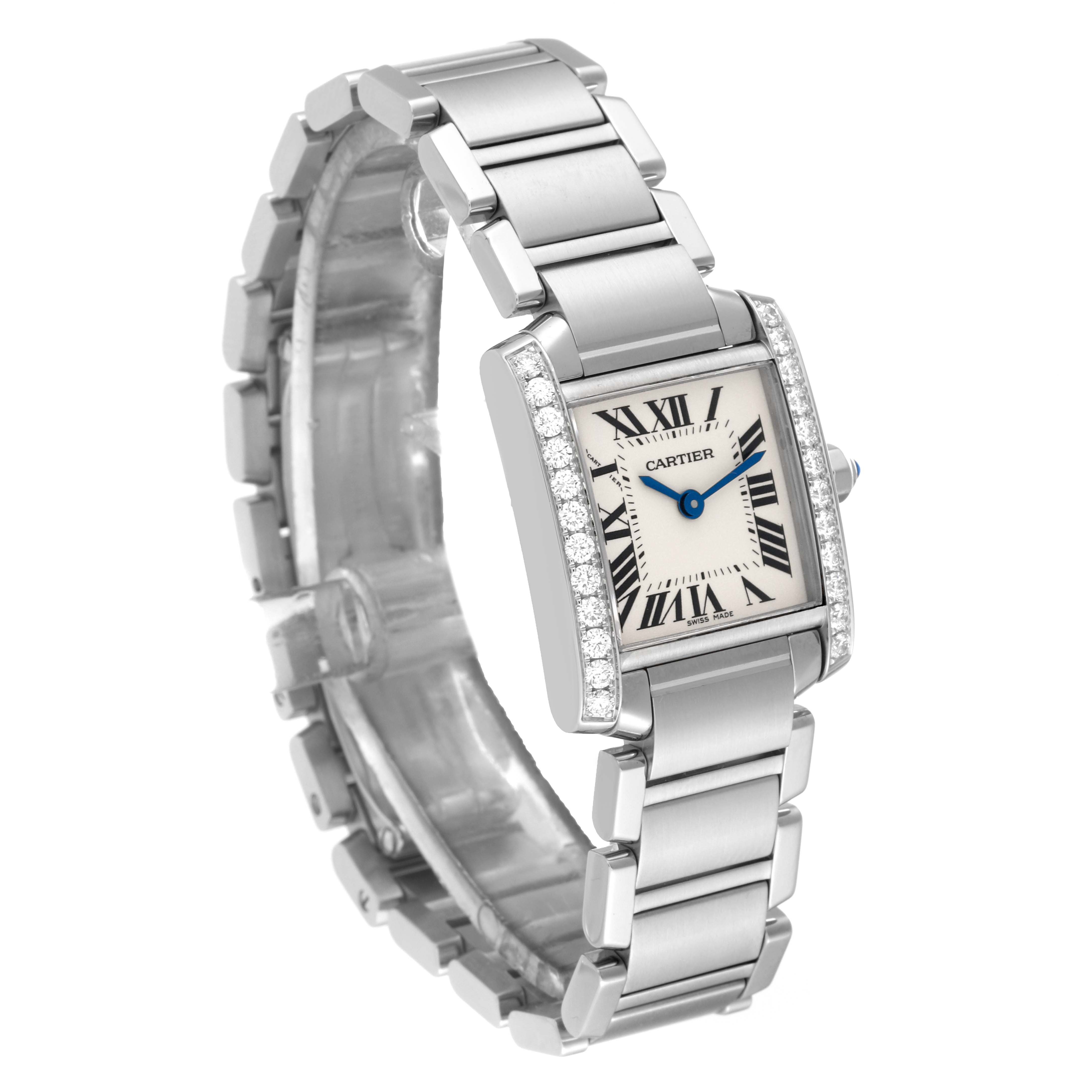 The image shows a Cartier Tank Francaise W4TA0008 Women
s Stainless Steel Silver Dial W4TA0008 Women
s Stainless Steel Silver Dial watch at a three-quarter angle, highlighting its bracelet and diamond-set bezel.