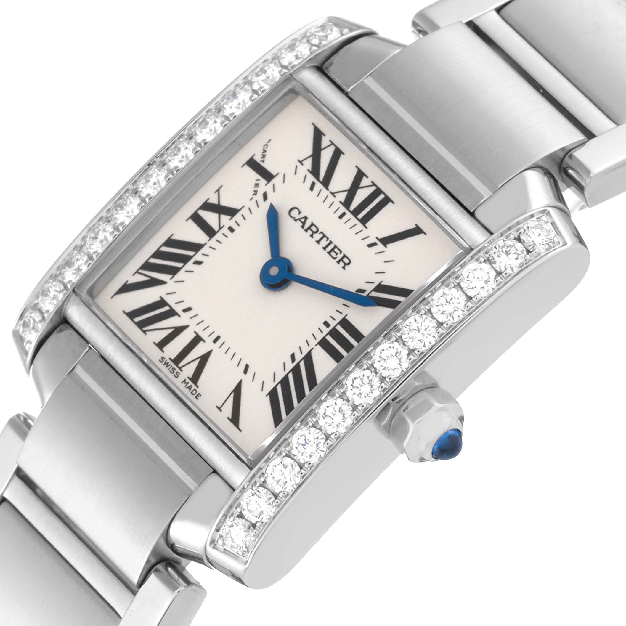 This image shows a close-up of a Cartier Tank Francaise W4TA0008 Women
s Stainless Steel Silver Dial W4TA0008 Women
s Stainless Steel Silver Dial watch, highlighting its face, bracelet, and diamond-studded bezel.
