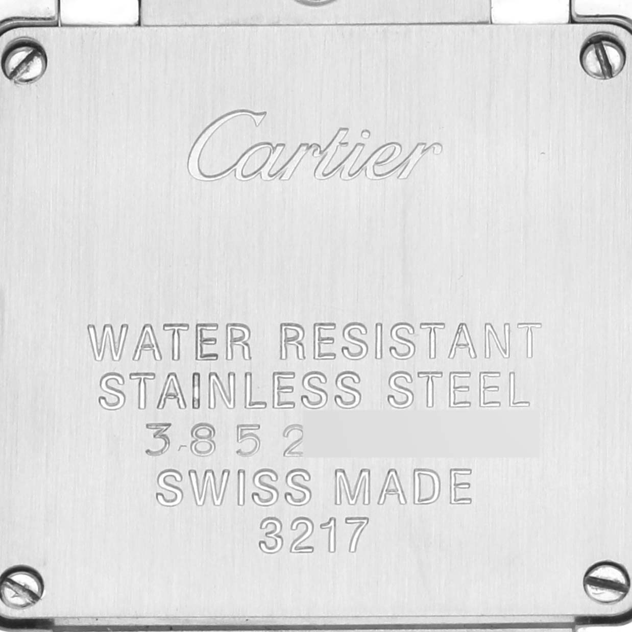 This image shows the back case of the Cartier Tank Française watch, highlighting its stainless steel and water-resistant features.