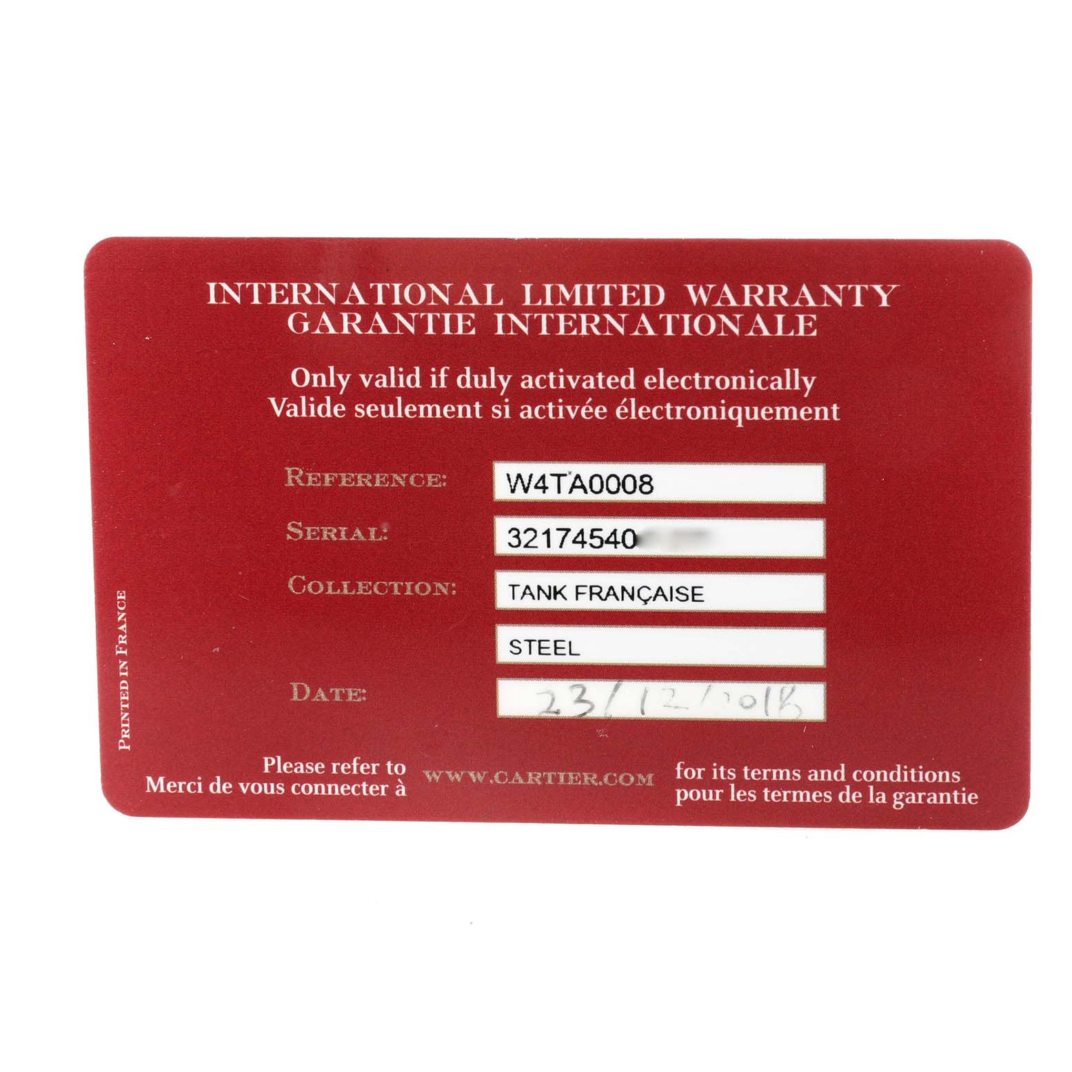 This image shows the international limited warranty card for the Cartier Tank Francaise W4TA0008 Women's Stainless Steel Silver Dial W4TA0008 Women's Stainless Steel Silver Dial model, indicating reference number, serial number, and date.