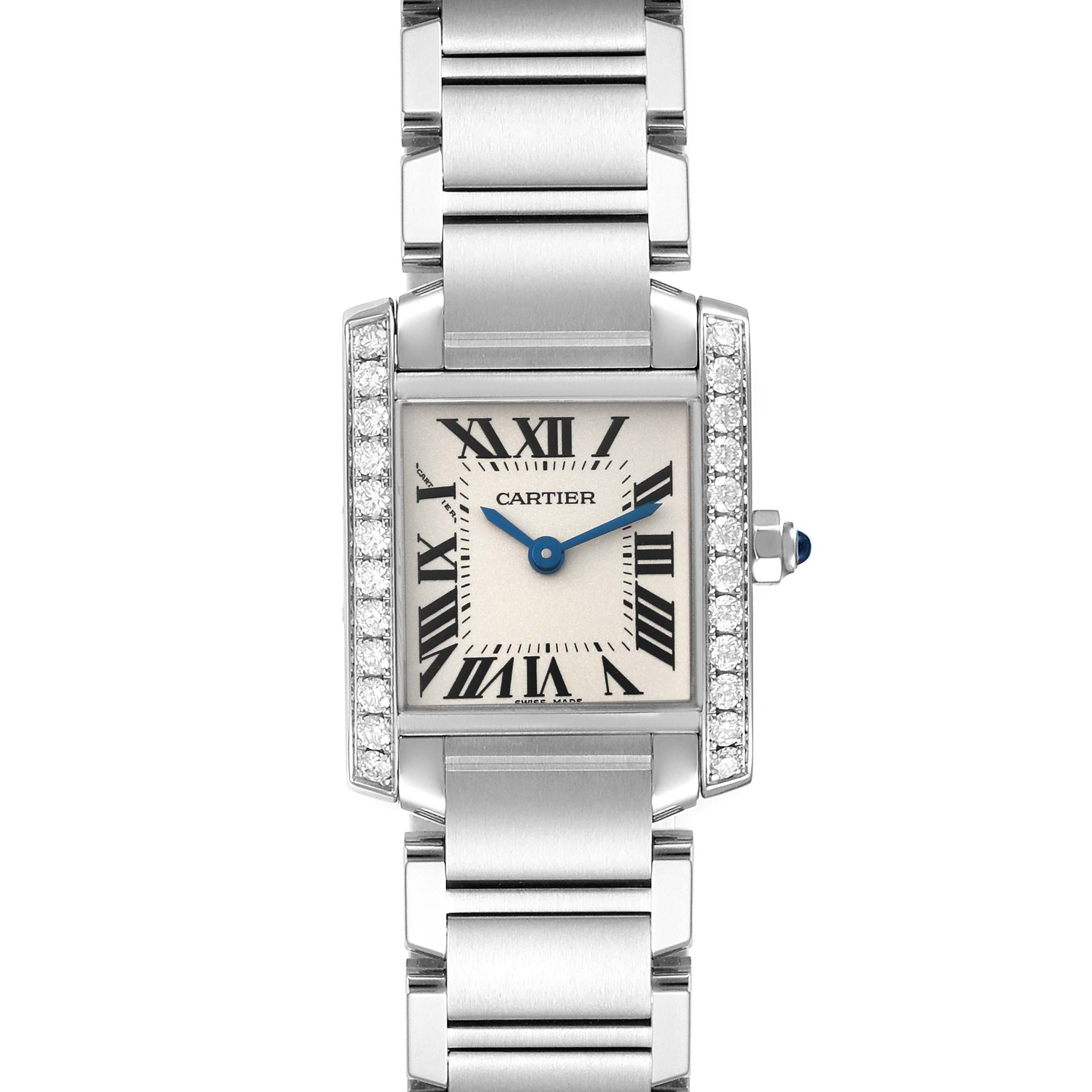 This image shows a Cartier Tank Francaise W4TA0008 Women's Stainless Steel Silver Dial W4TA0008 Women's Stainless Steel Silver Dial watch from a frontal angle, highlighting the face, hands, case, and bracelet.